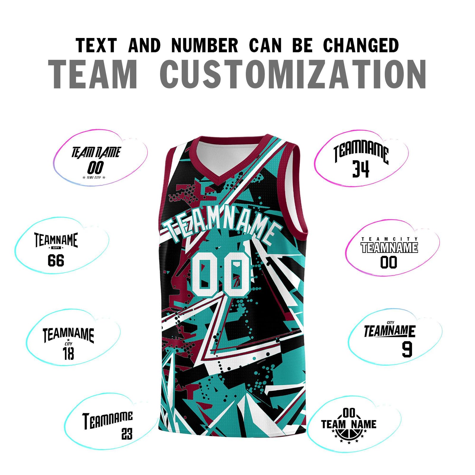 Custom Youth Basketball Jerseys Teal Crimson Abstract Graffiti Personalized Team Name & Number
