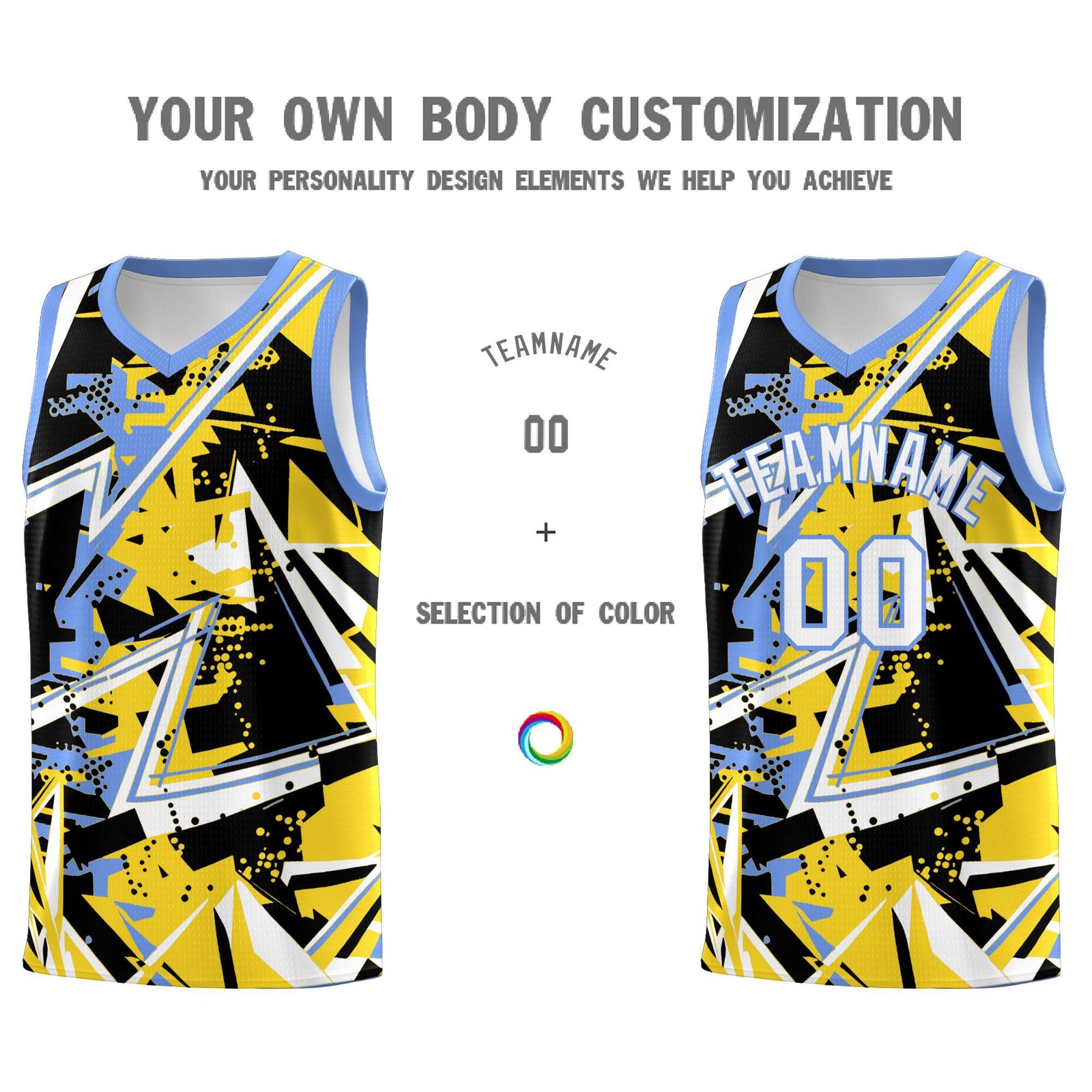 Custom Youth Basketball Jerseys Gold Light Blue Abstract Graffiti Urban Style Personalized Uniform