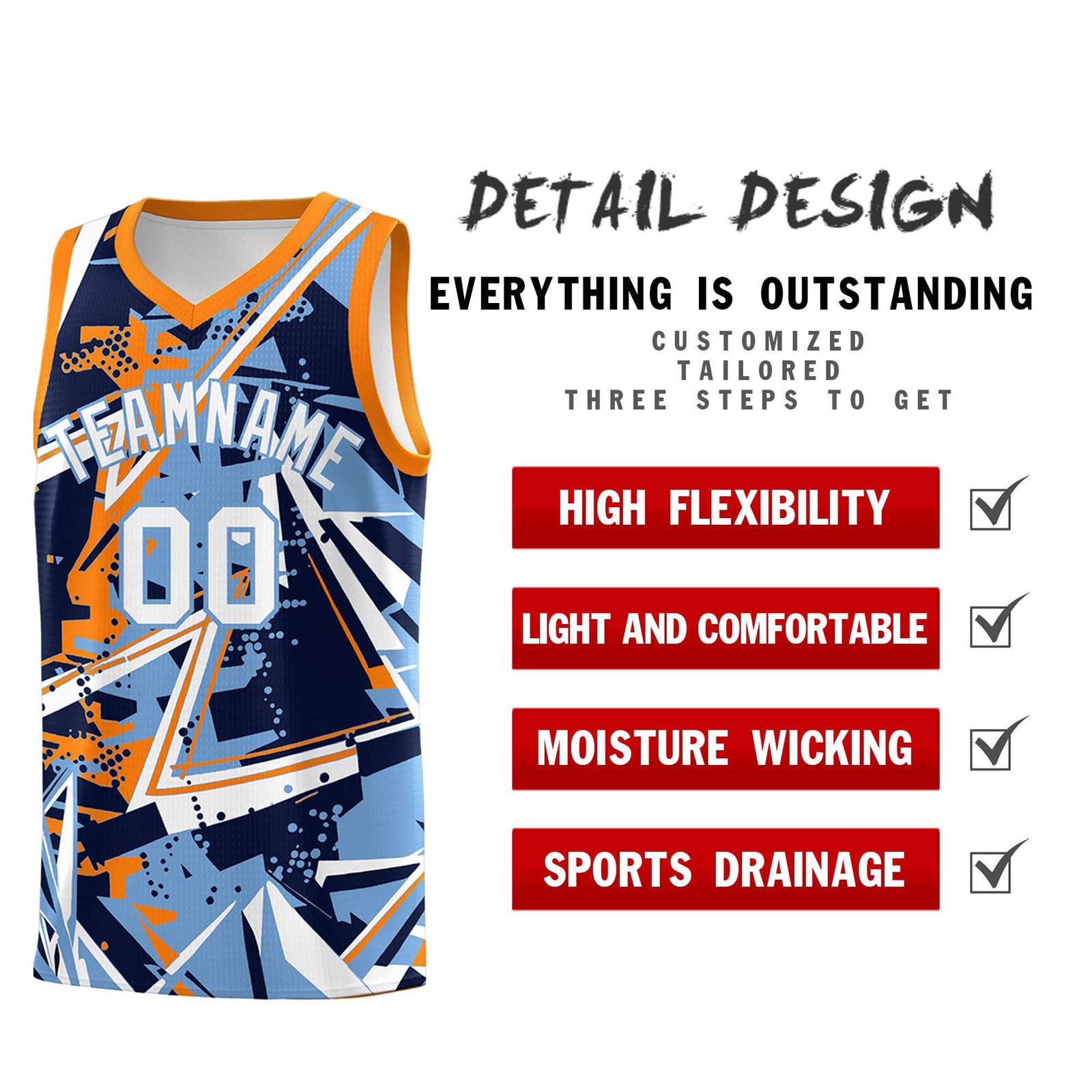 Custom Youth Basketball Jerseys Powder Blue Orange Abstract Graffiti Personalized Team Name & Number