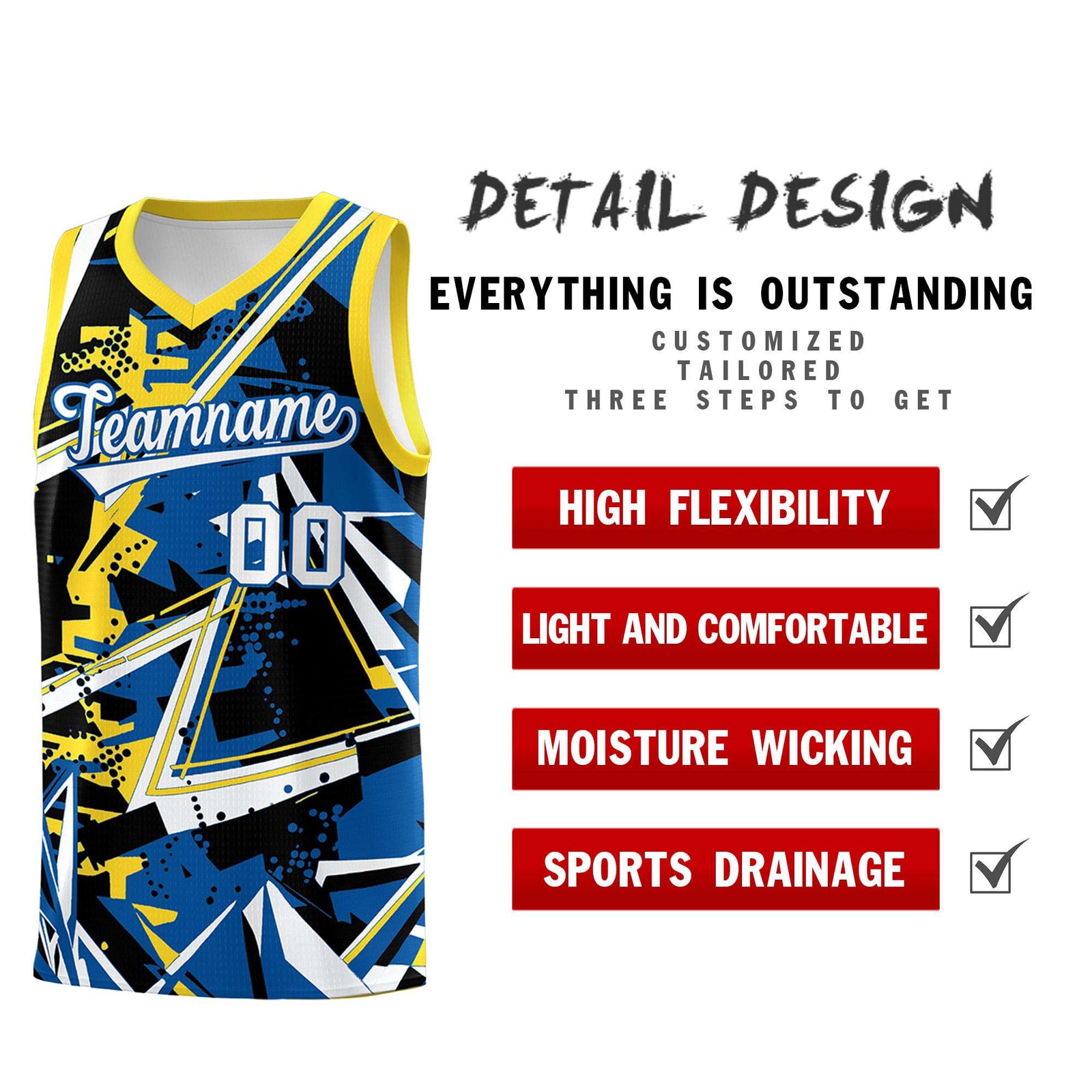 Custom Youth Basketball Jerseys Royal Gold Abstract Graffiti Personalized Team Name & Number
