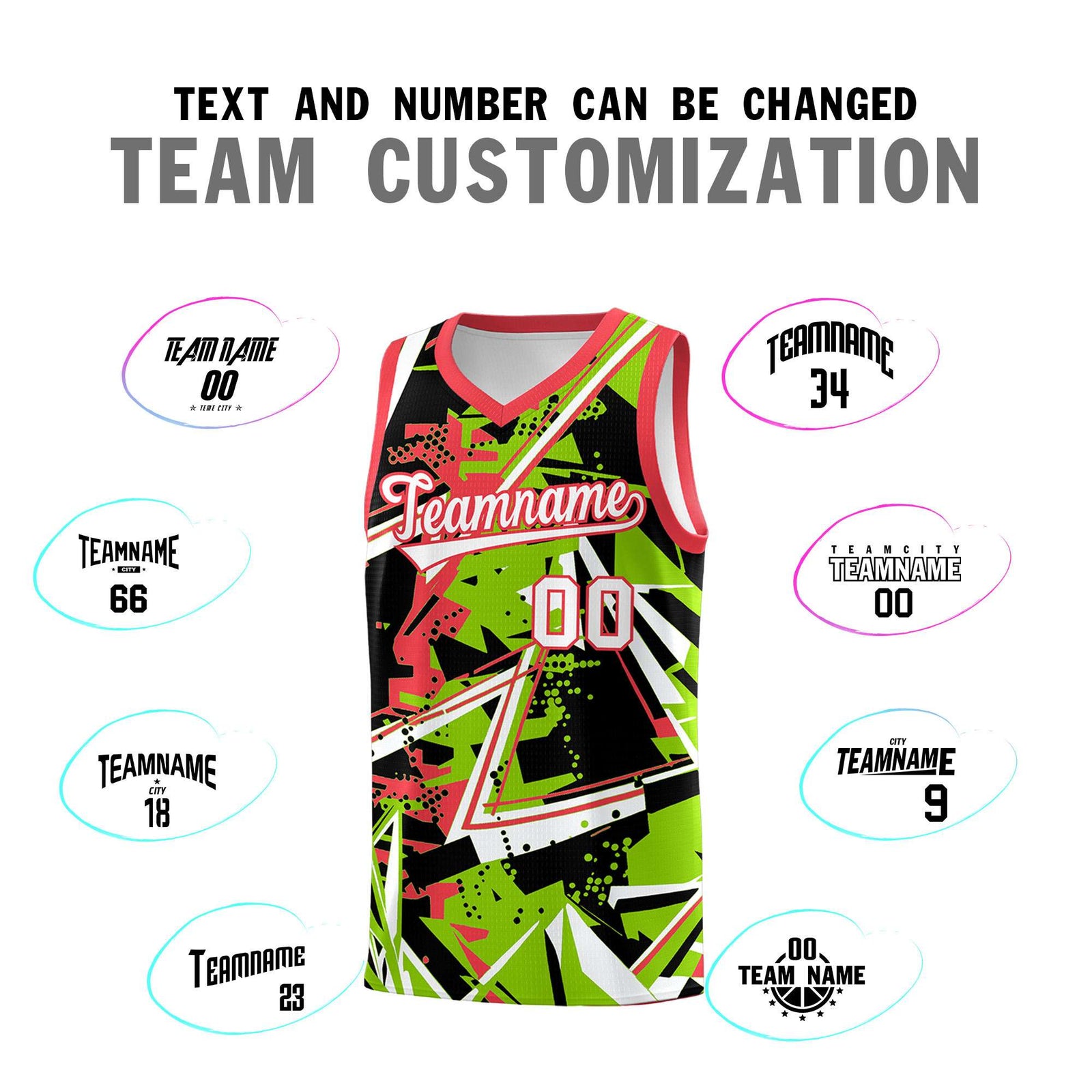 Custom Youth Basketball Jerseys Neon Green Light Red Abstract Graffiti Personalized Street Style Uniform