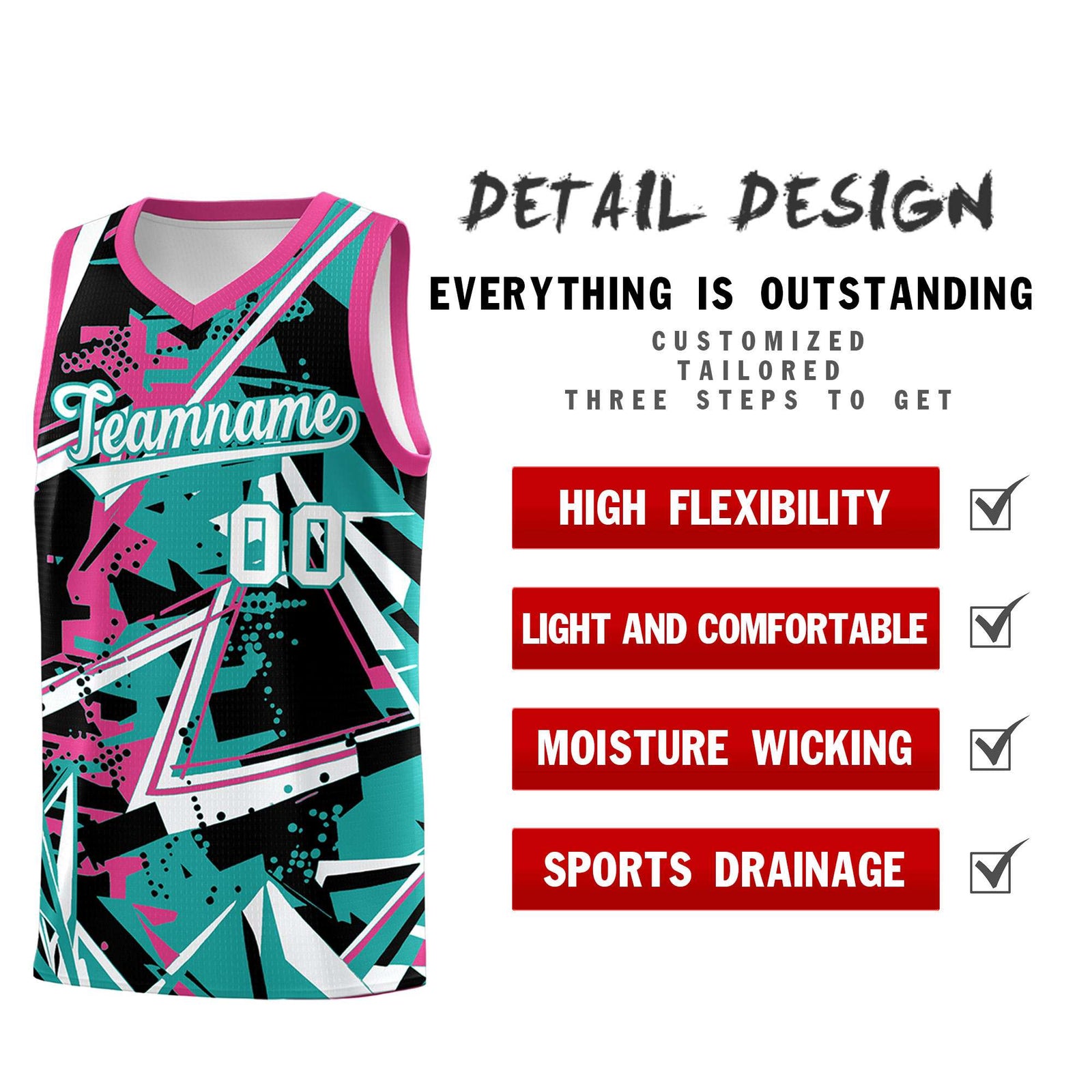 Custom Youth Basketball Jerseys Aqua Rose Red Abstract Graffiti Urban Style Personalized Uniform