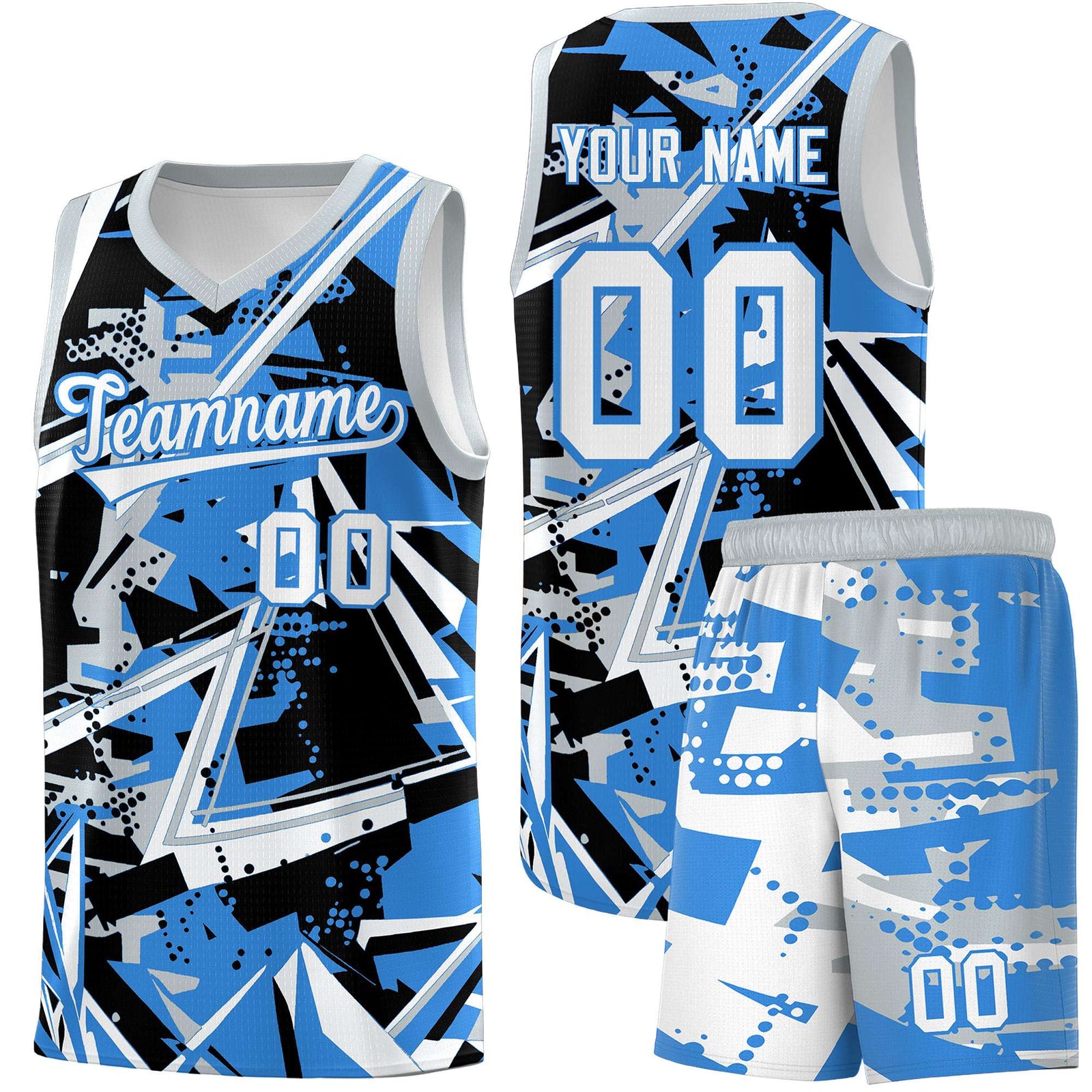Custom Youth Basketball Jerseys Light Blue Silver Abstract Graffiti Personalized Team Name & Number