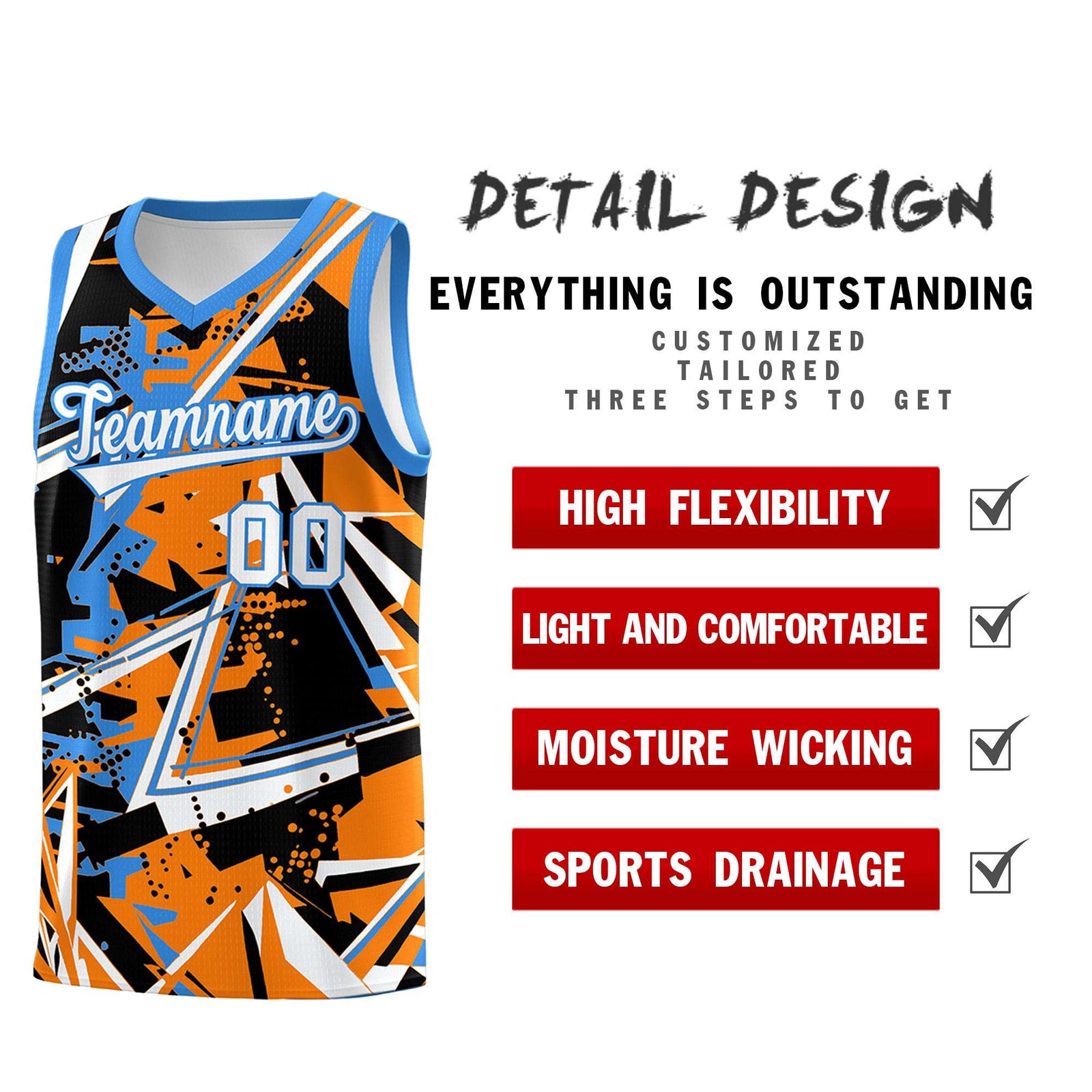 Custom Youth Basketball Jerseys Orange Light Blue Abstract Graffiti Personalized Street Style Uniform