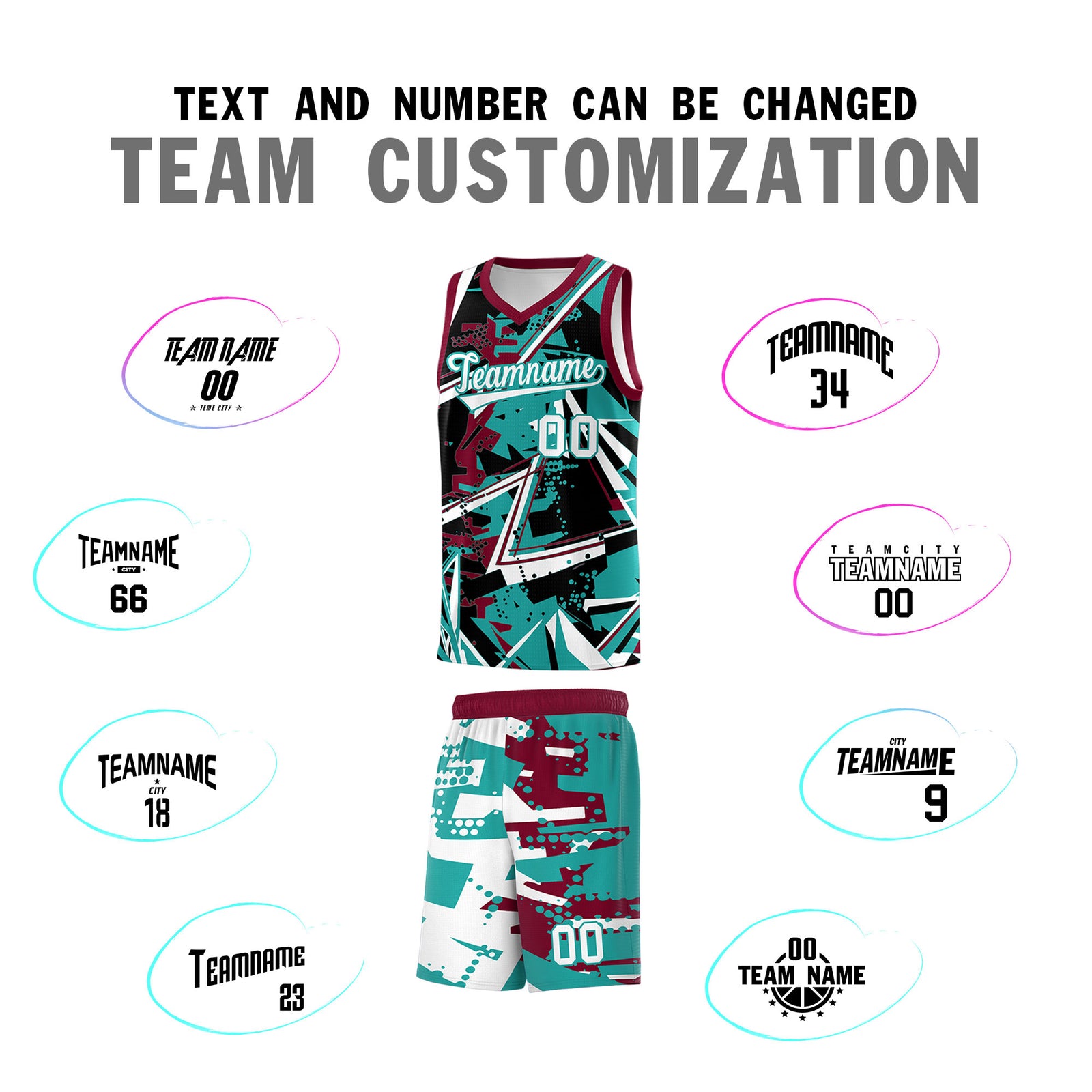 Custom Youth Basketball Jerseys Teal Crimson Abstract Graffiti Personalized Team Name & Number