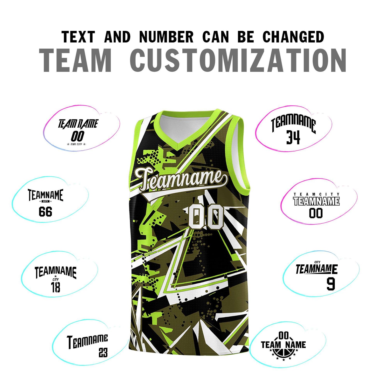 Custom Youth Basketball Jerseys Olive Neon Green Abstract Graffiti Personalized Street Style Uniform