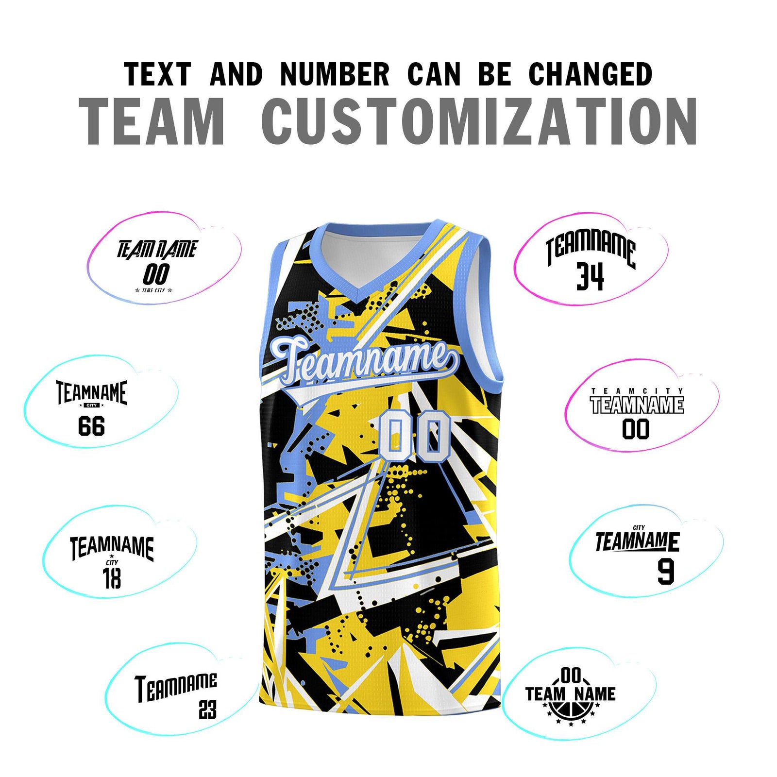 Custom Youth Basketball Jerseys Gold Light Blue Abstract Graffiti Urban Style Personalized Uniform