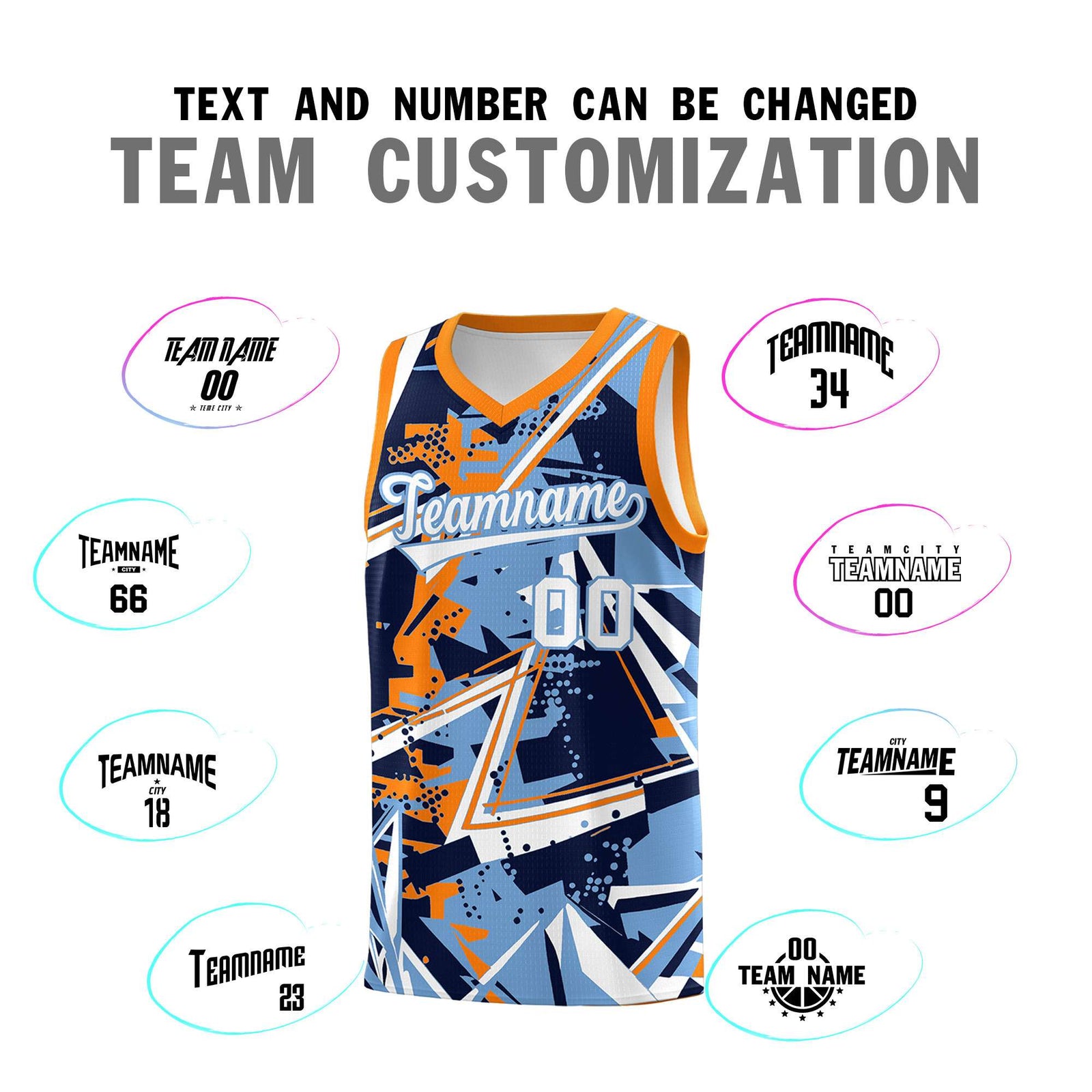 Custom Youth Basketball Jerseys Powder Blue Orange Abstract Graffiti Personalized Team Name & Number