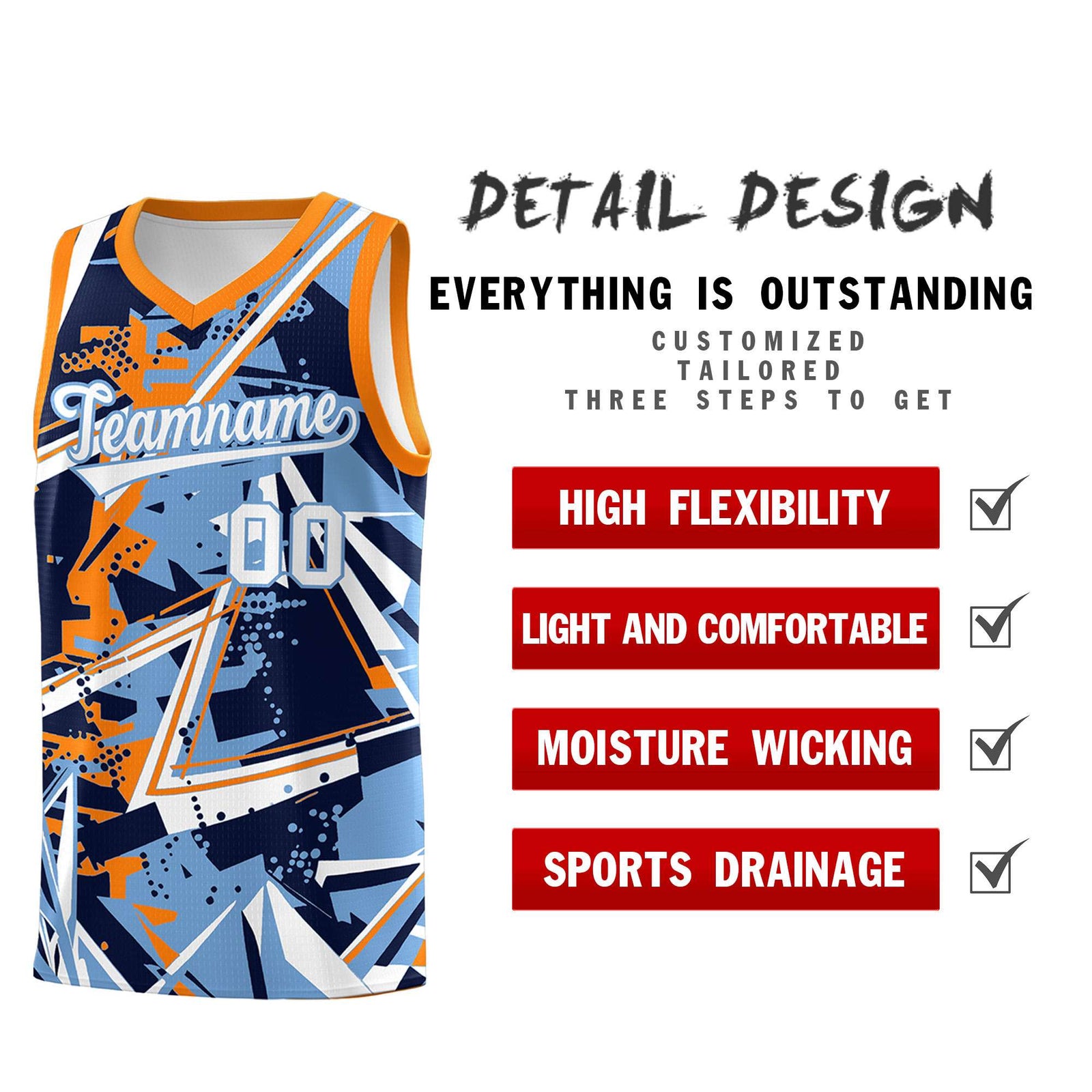 Custom Youth Basketball Jerseys Powder Blue Orange Abstract Graffiti Personalized Team Name & Number