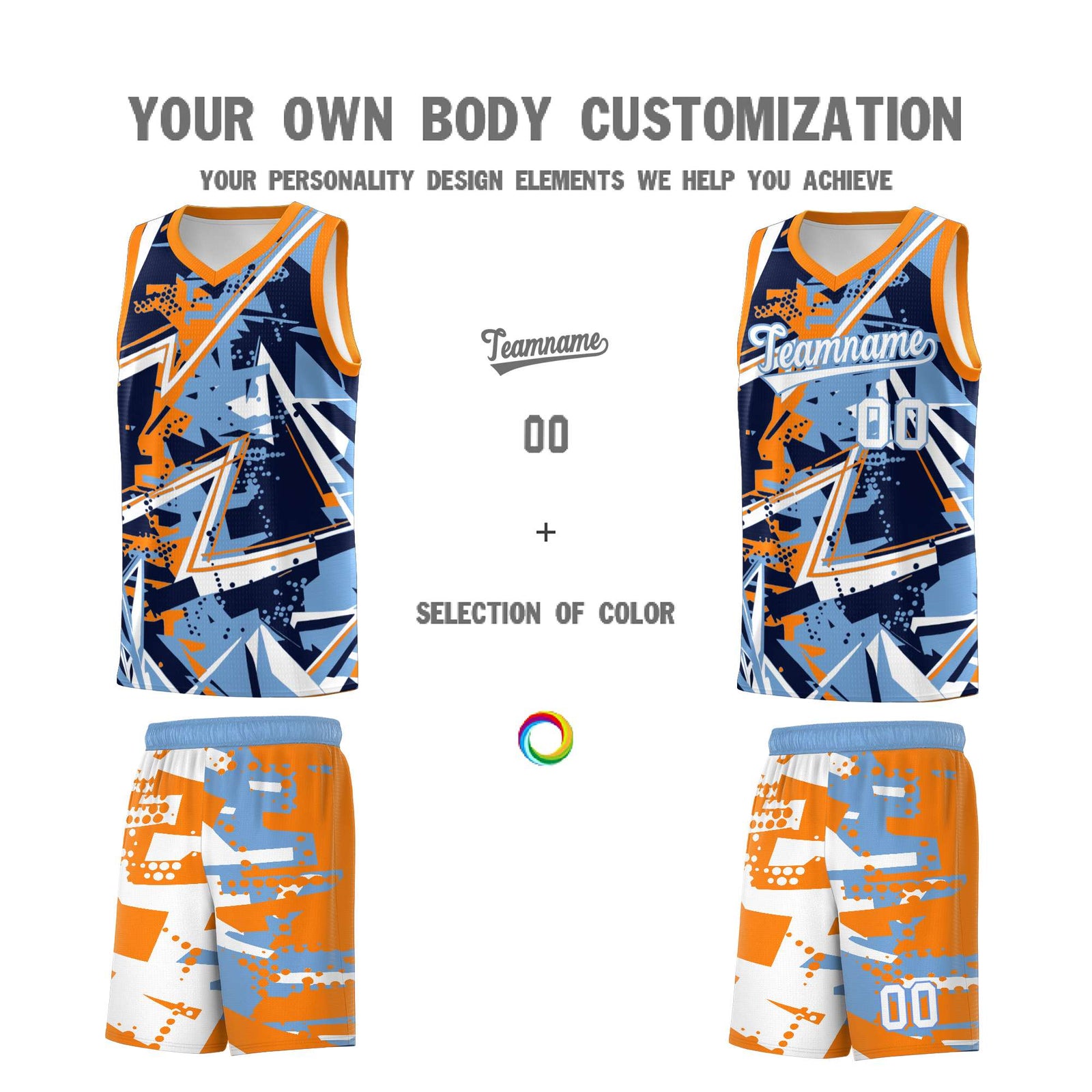 Custom Youth Basketball Jerseys Powder Blue Orange Abstract Graffiti Personalized Team Name & Number