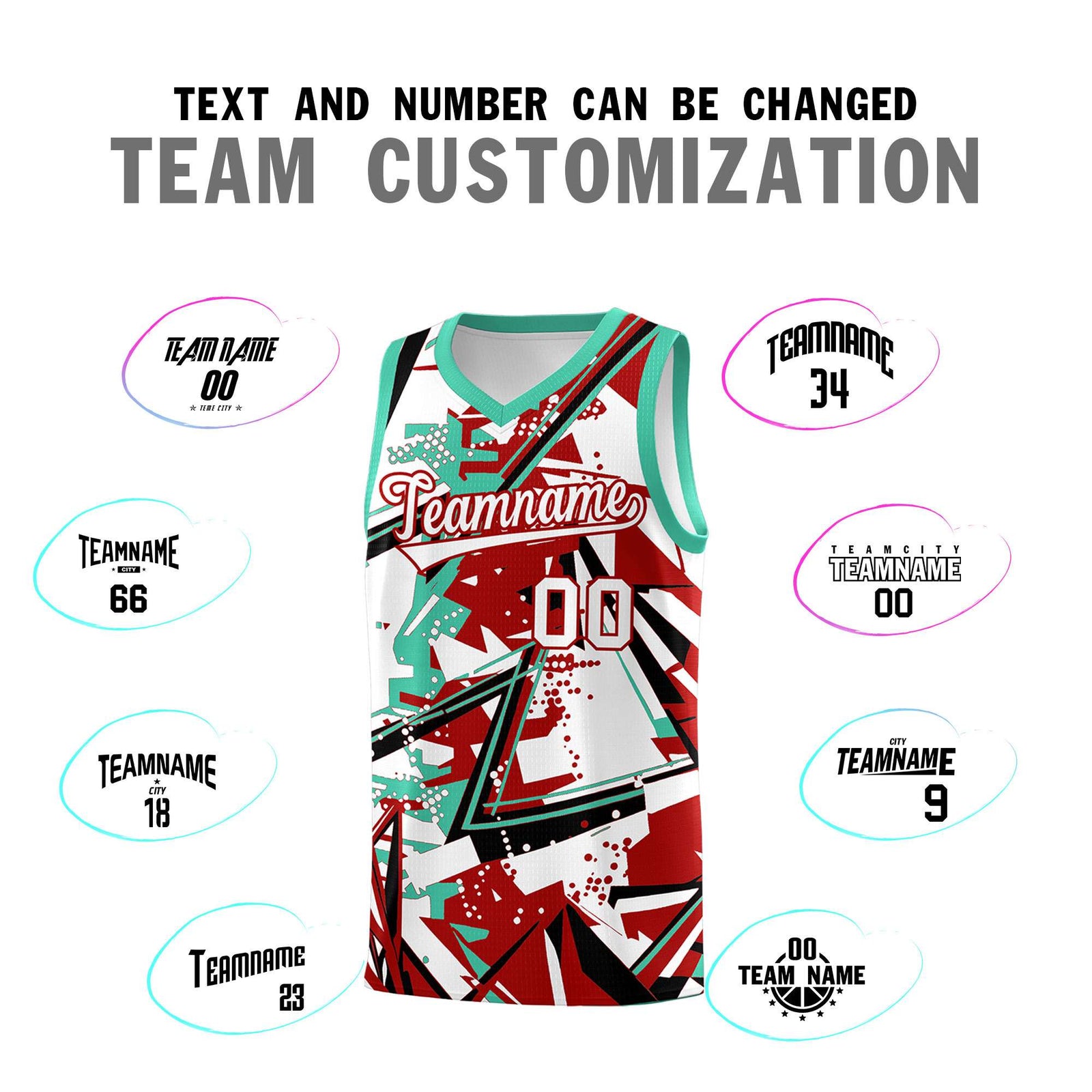 Custom Youth Basketball Jerseys Red Bright Green Abstract Graffiti Personalized Team Name & Number