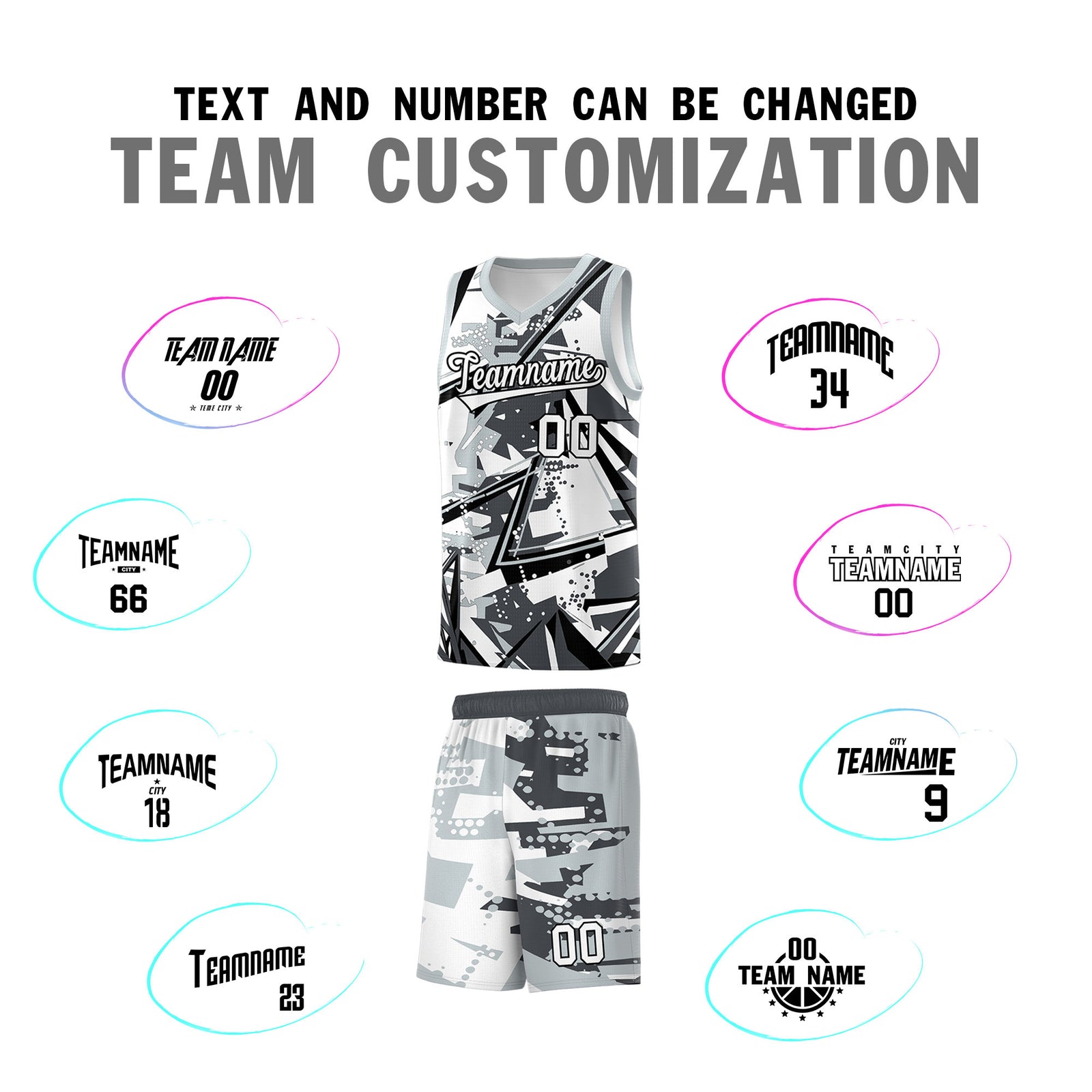 Custom Youth Basketball Jerseys Gray Silver Abstract Graffiti Personalized Team Name & Number