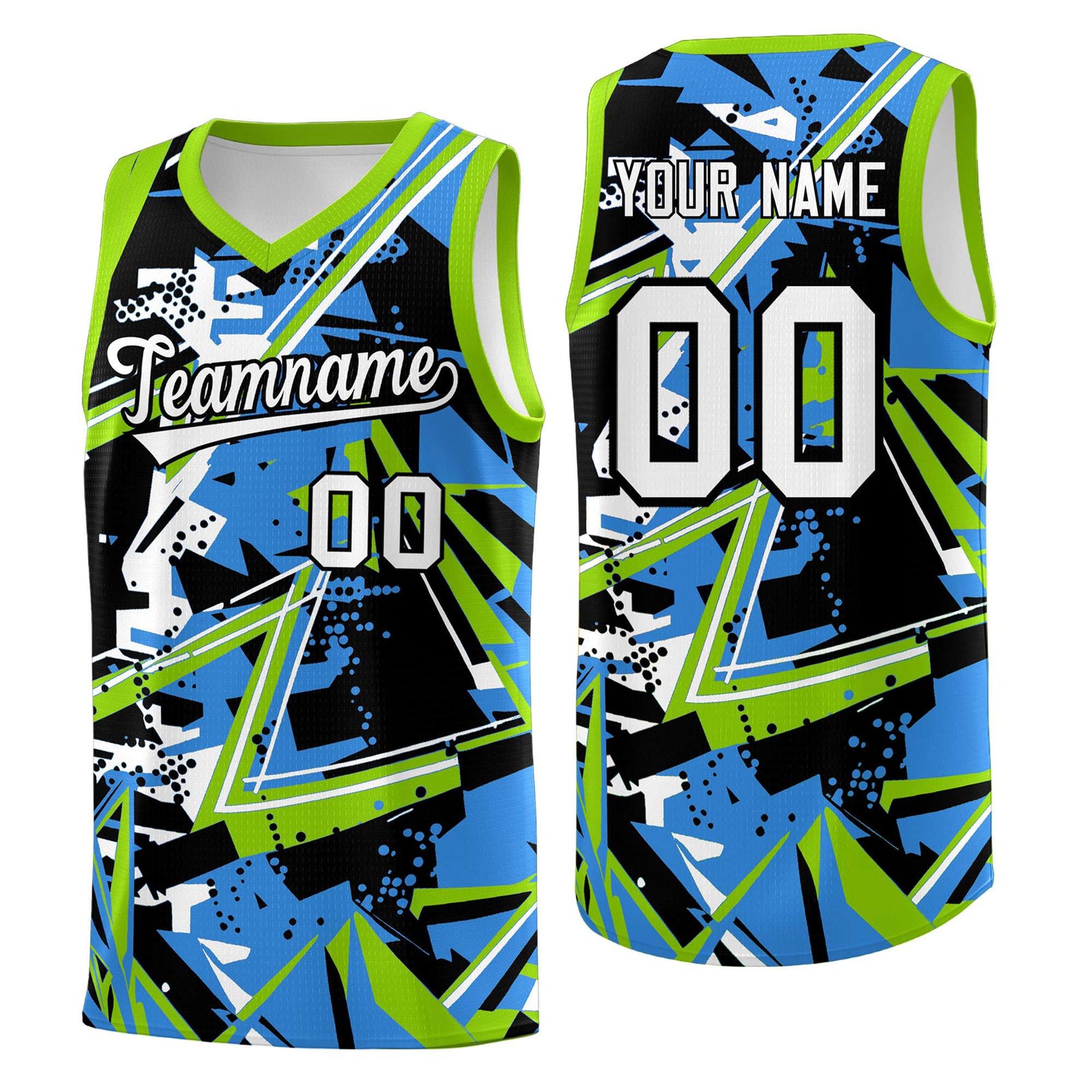 Custom Youth Basketball Jerseys Light Blue Neon Green Abstract Graffiti Personalized Street Style Uniform