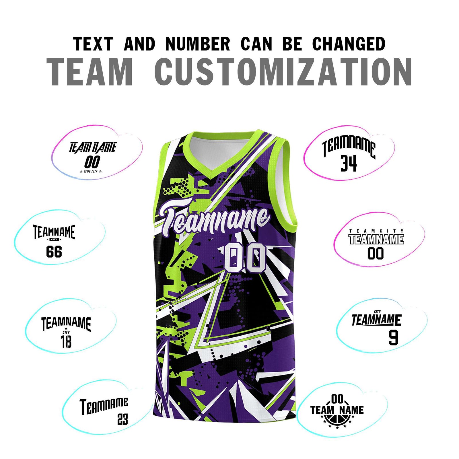 Custom Youth Basketball Jerseys Purple Neon Green Abstract Graffiti Personalized Team Name & Number