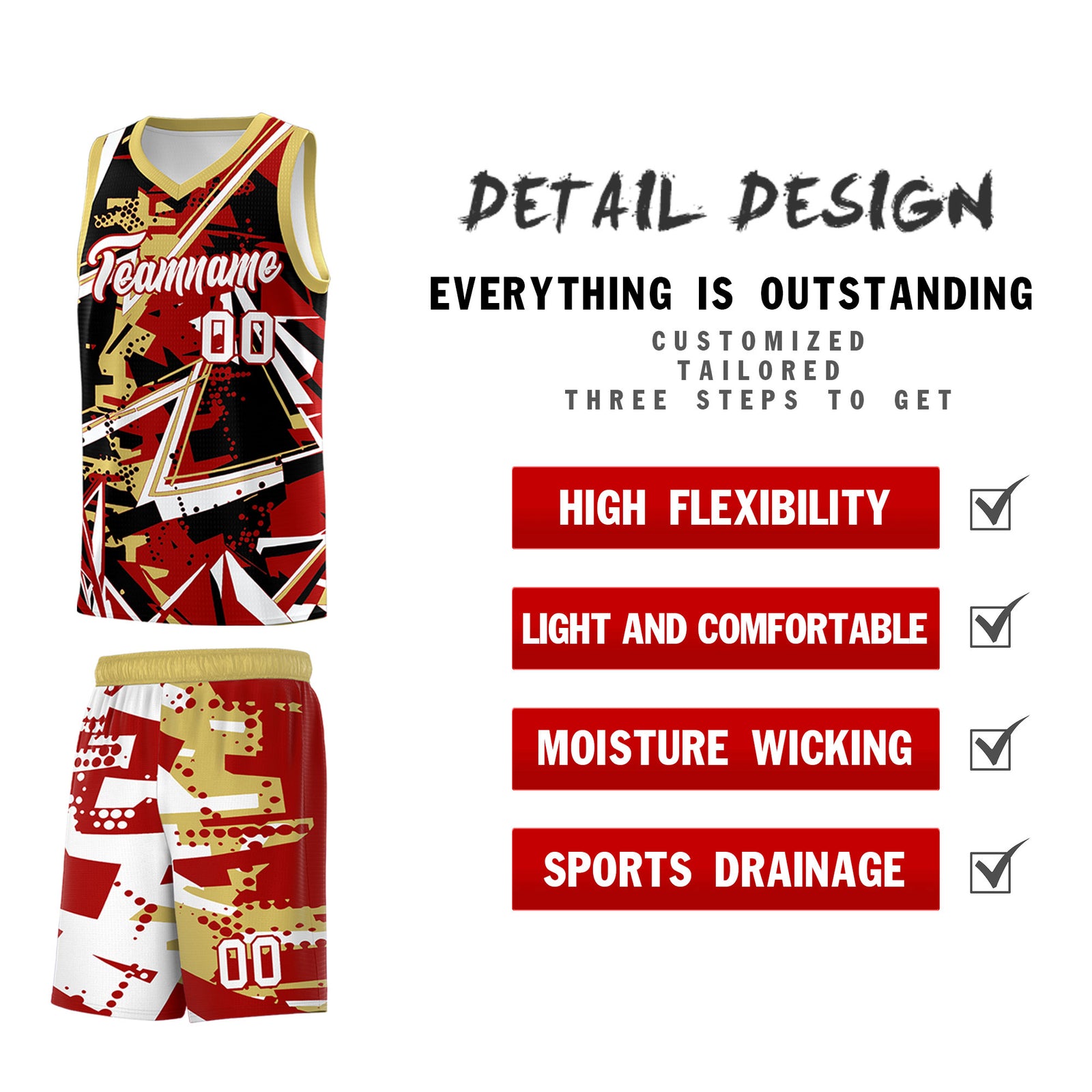 Custom Youth Basketball Jerseys Red Old Gold Abstract Graffiti Personalized Team Name & Number