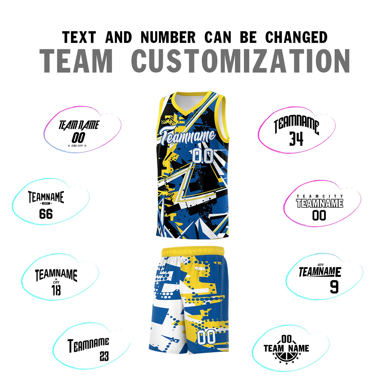 Custom Youth Basketball Jerseys Royal Gold Abstract Graffiti Personalized Team Name & Number