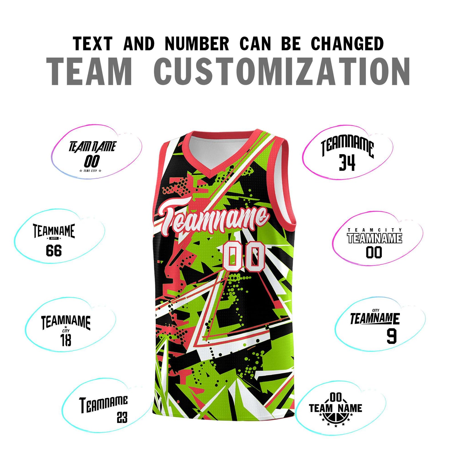 Custom Youth Basketball Jerseys Neon Green Light Red Abstract Graffiti Personalized Street Style Uniform