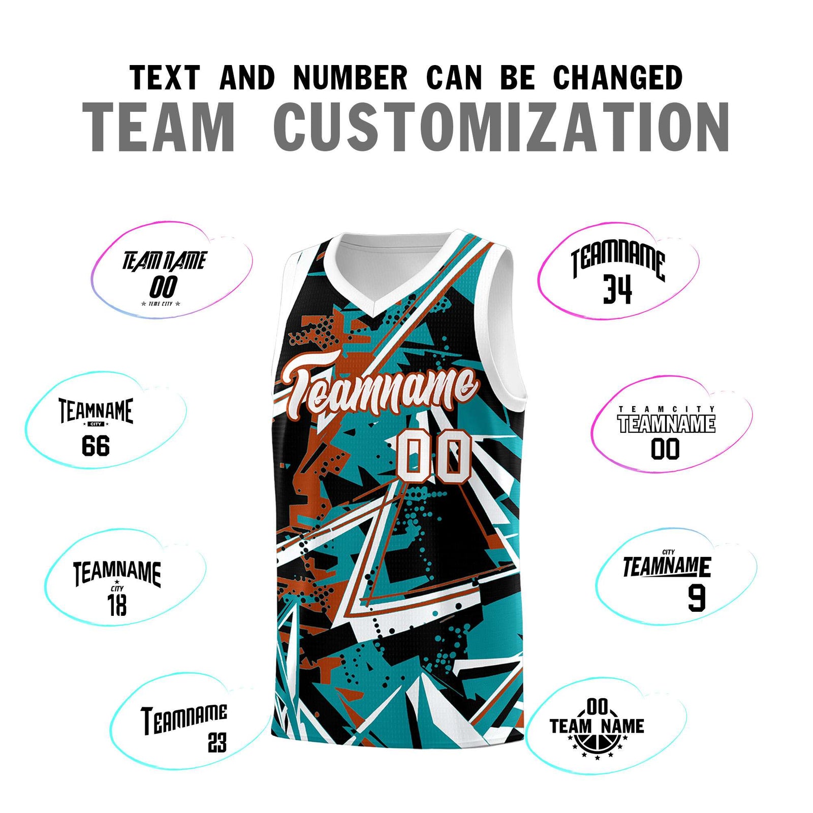 Custom Youth Basketball Jerseys Teal Dark Orange Abstract Graffiti Personalized Street Style Uniform