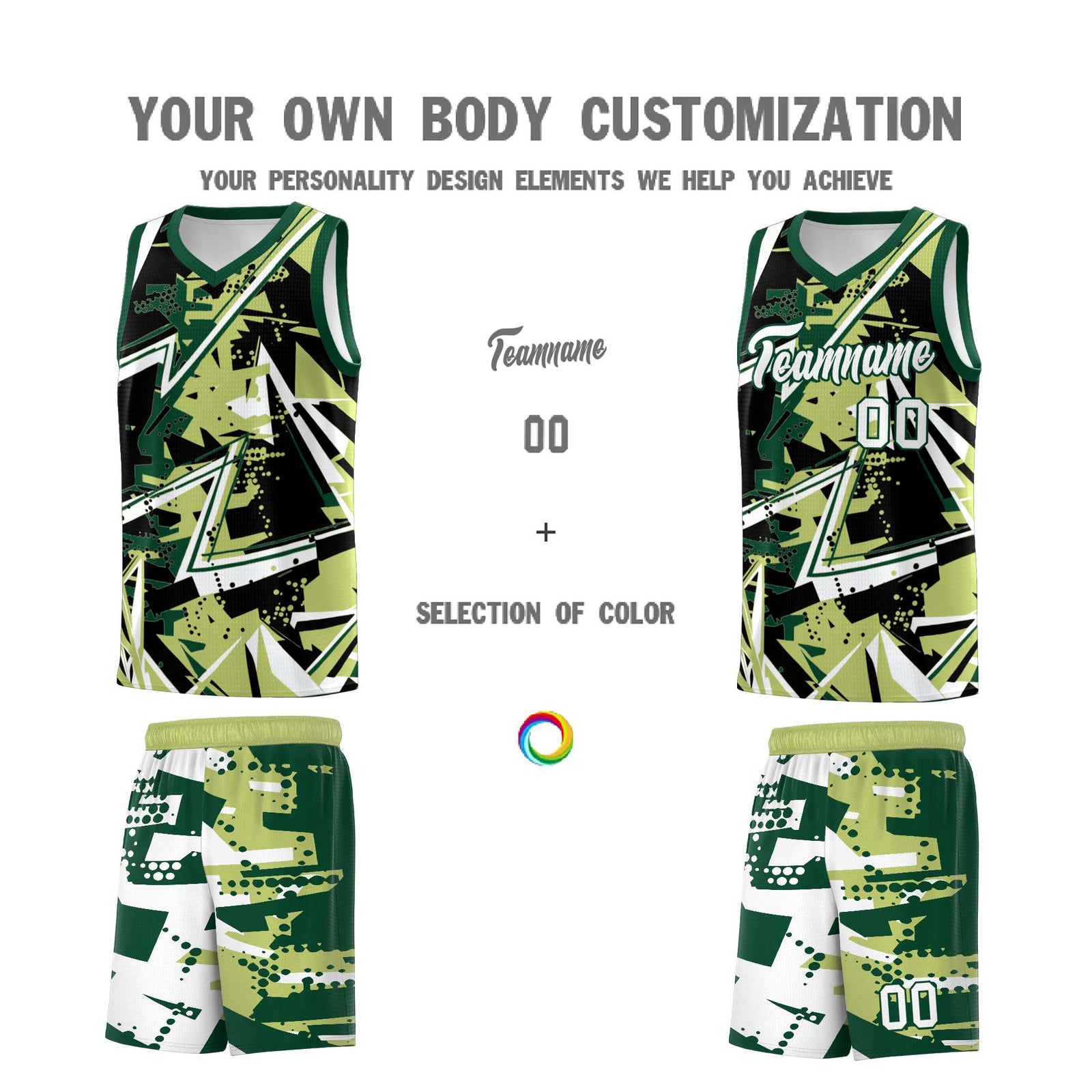 Custom Youth Basketball Jerseys Champagne Kelly Green Abstract Graffiti Urban Style Personalized Uniform