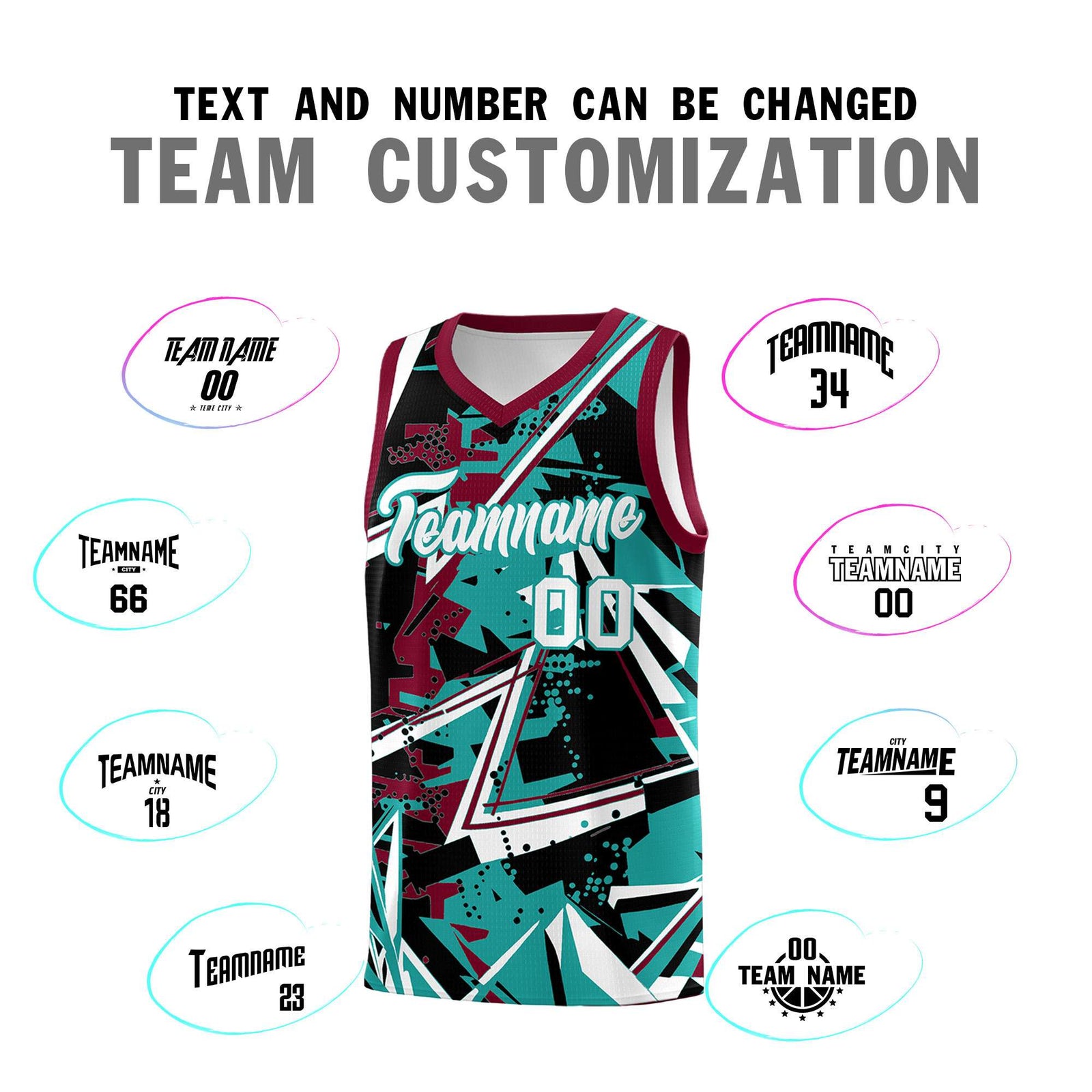Custom Youth Basketball Jerseys Teal Crimson Abstract Graffiti Personalized Team Name & Number