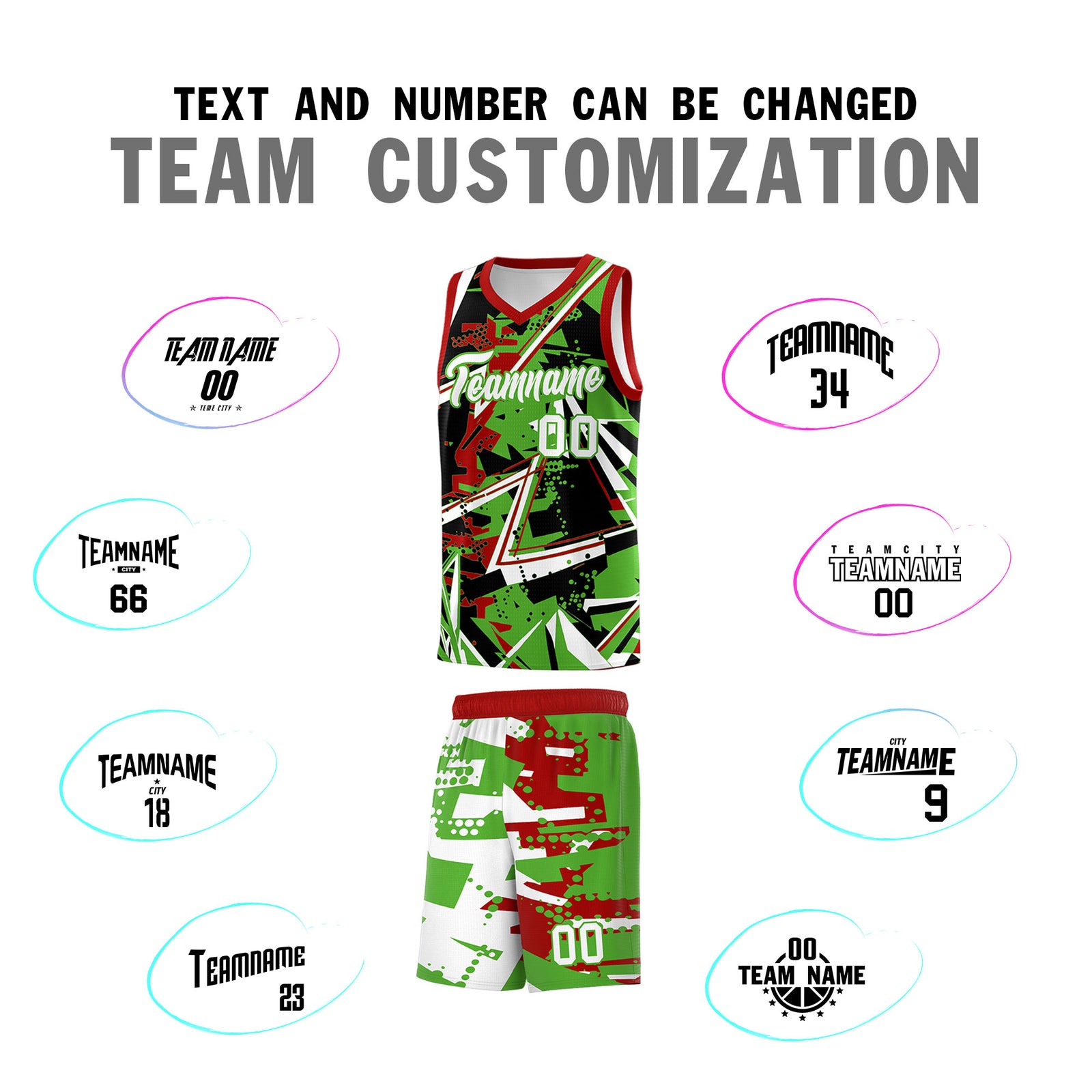Custom Youth Basketball Jerseys Light Green Red Abstract Graffiti Urban Style Personalized Uniform
