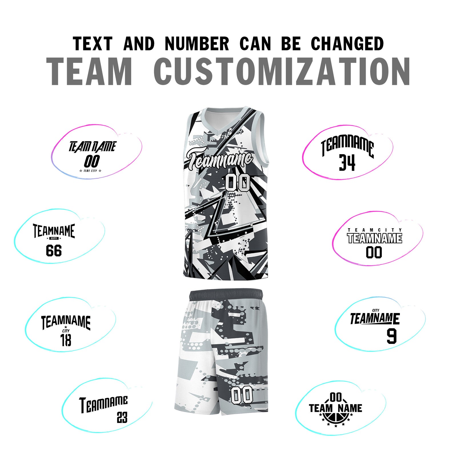 Custom Youth Basketball Jerseys Gray Silver Abstract Graffiti Personalized Team Name & Number