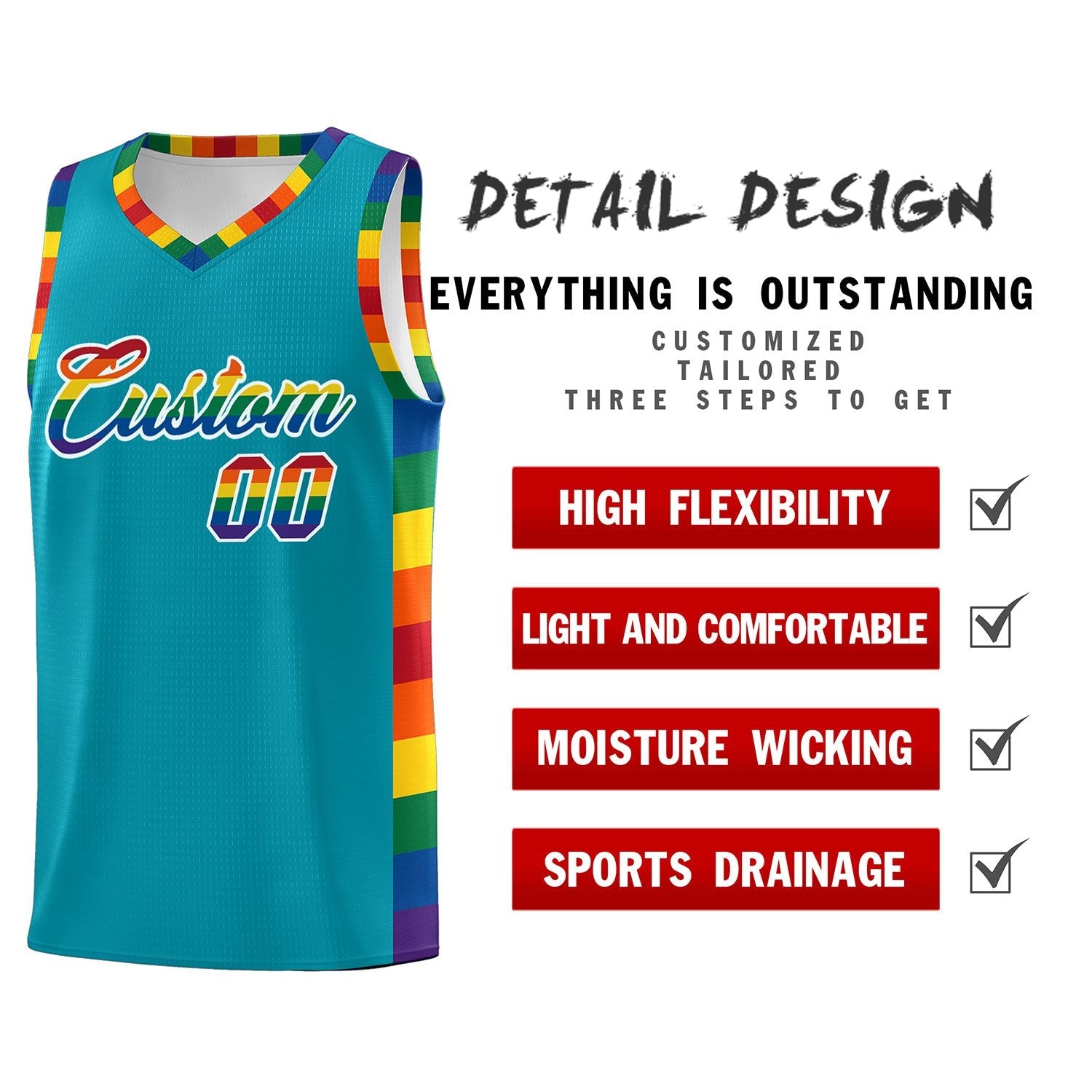 Custom Aqua LGBT Rainbow For Pride Month Sports Uniform Basketball Jersey