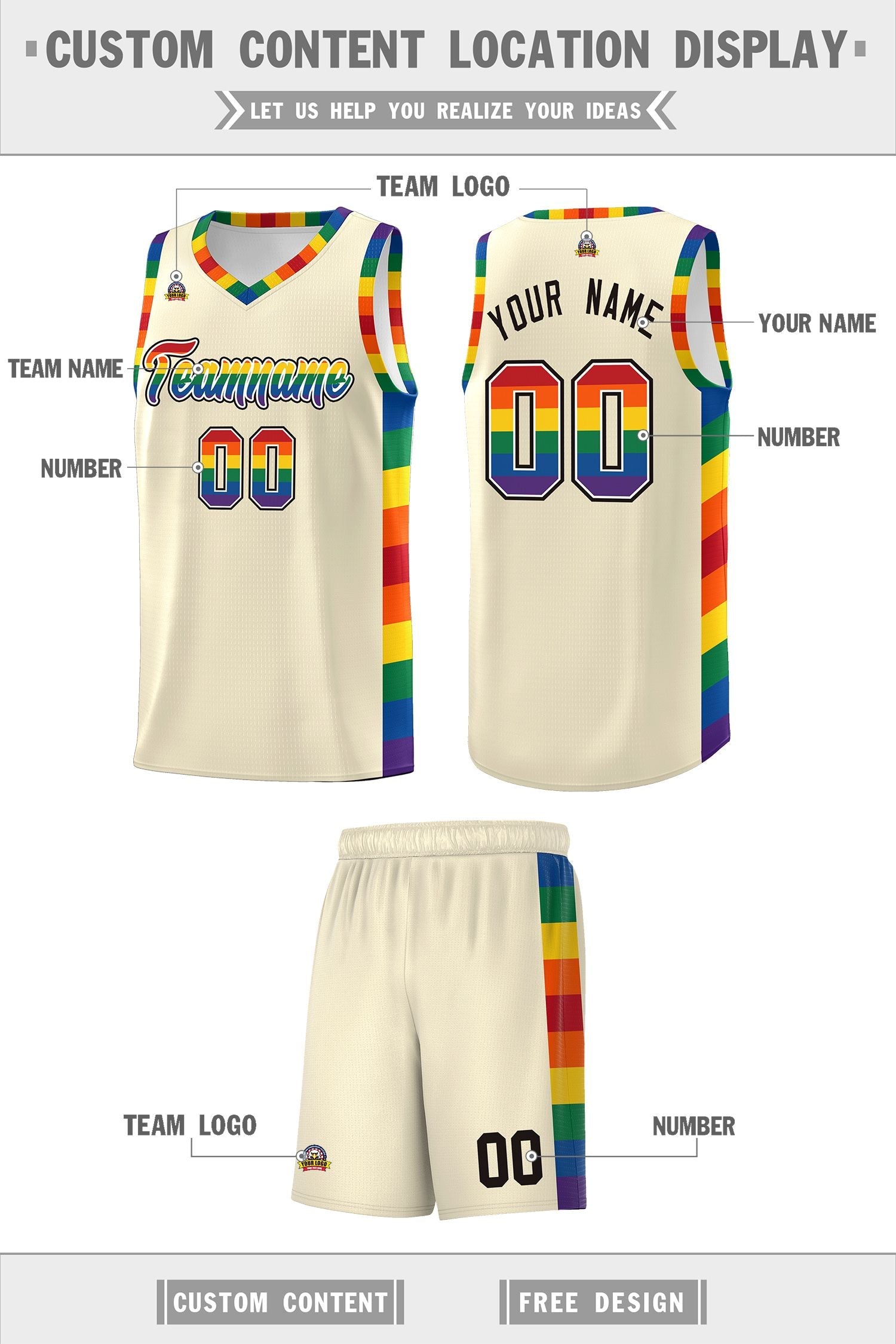 Custom Cream LGBT Rainbow For Pride Month Sports Uniform Basketball Jersey