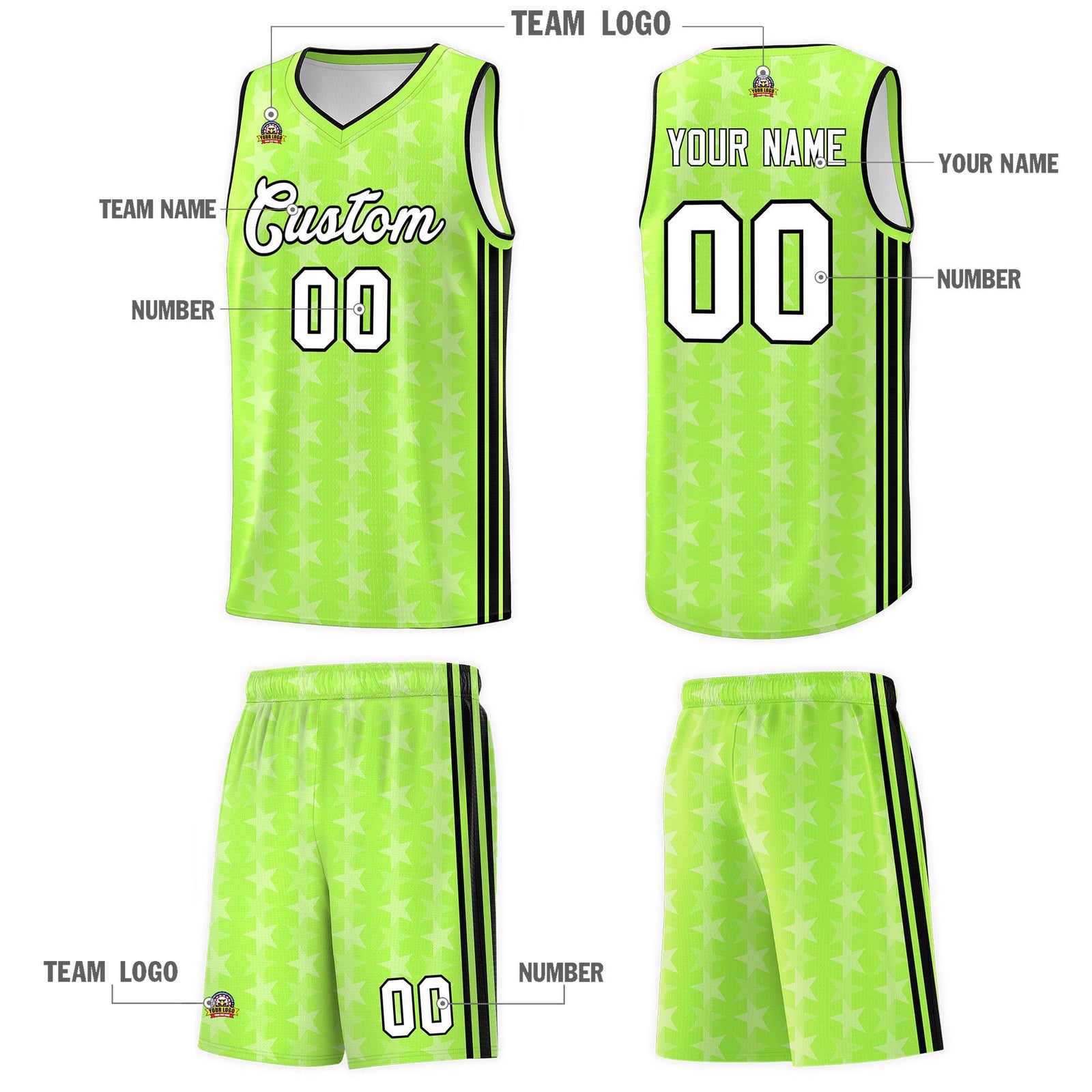 Custom Neon Green White Star Graffiti Pattern Sets Sports Uniform Basketball Jersey