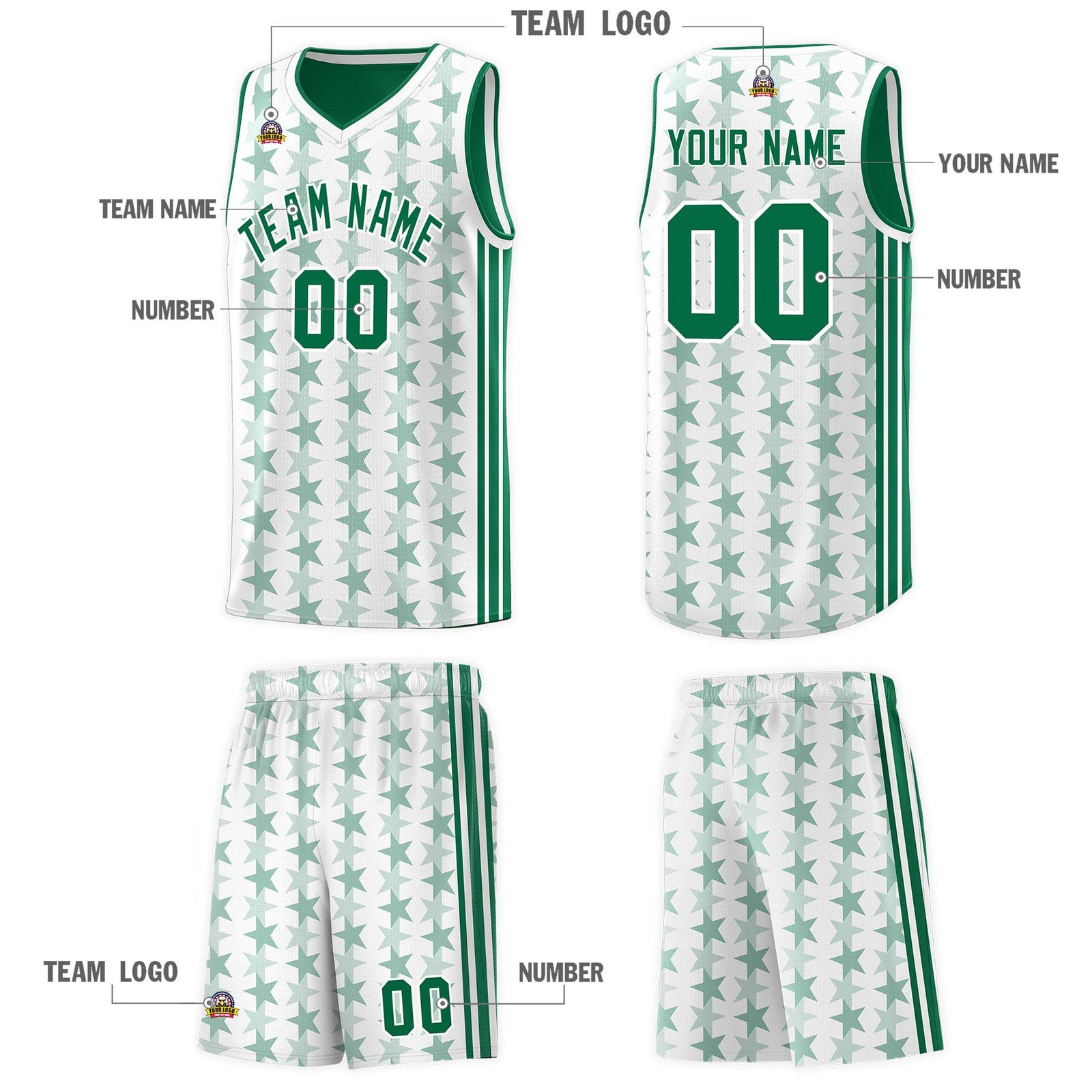 Custom White Kelly Green Star Graffiti Pattern Sets Sports Uniform Basketball Jersey