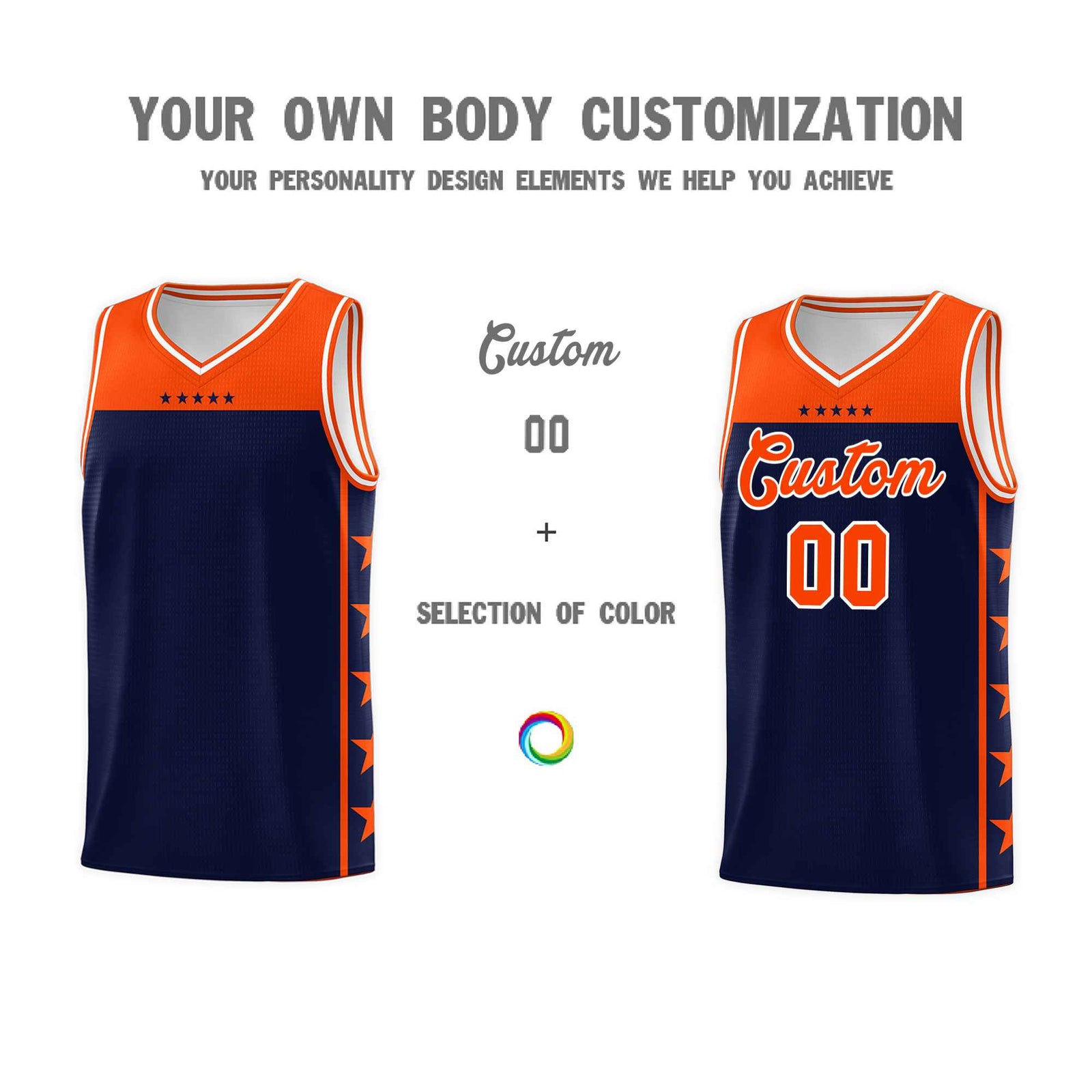 Custom Navy Orange Color Block Sets Sports Uniform Basketball Jersey