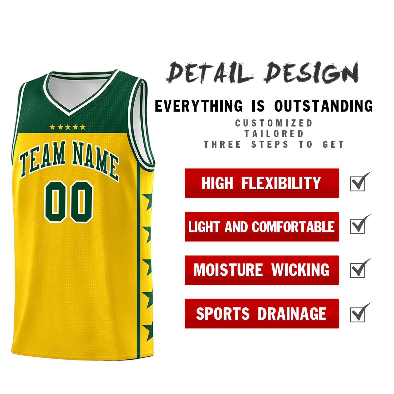 Custom Gold Kelly Green Color Block Sets Sports Uniform Basketball Jersey