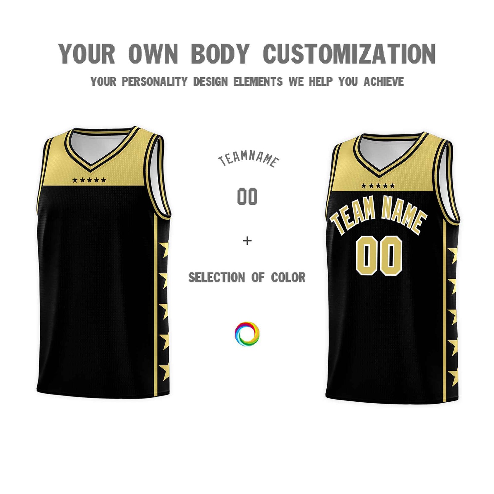 Custom Black Old Gold Color Block Sets Sports Uniform Basketball Jersey