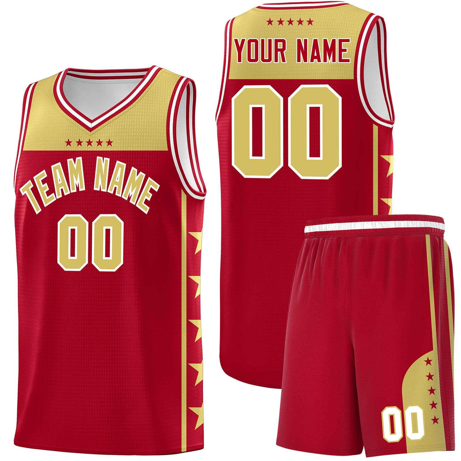 Custom Red Old Gold Color Block Sets Sports Uniform Basketball Jersey