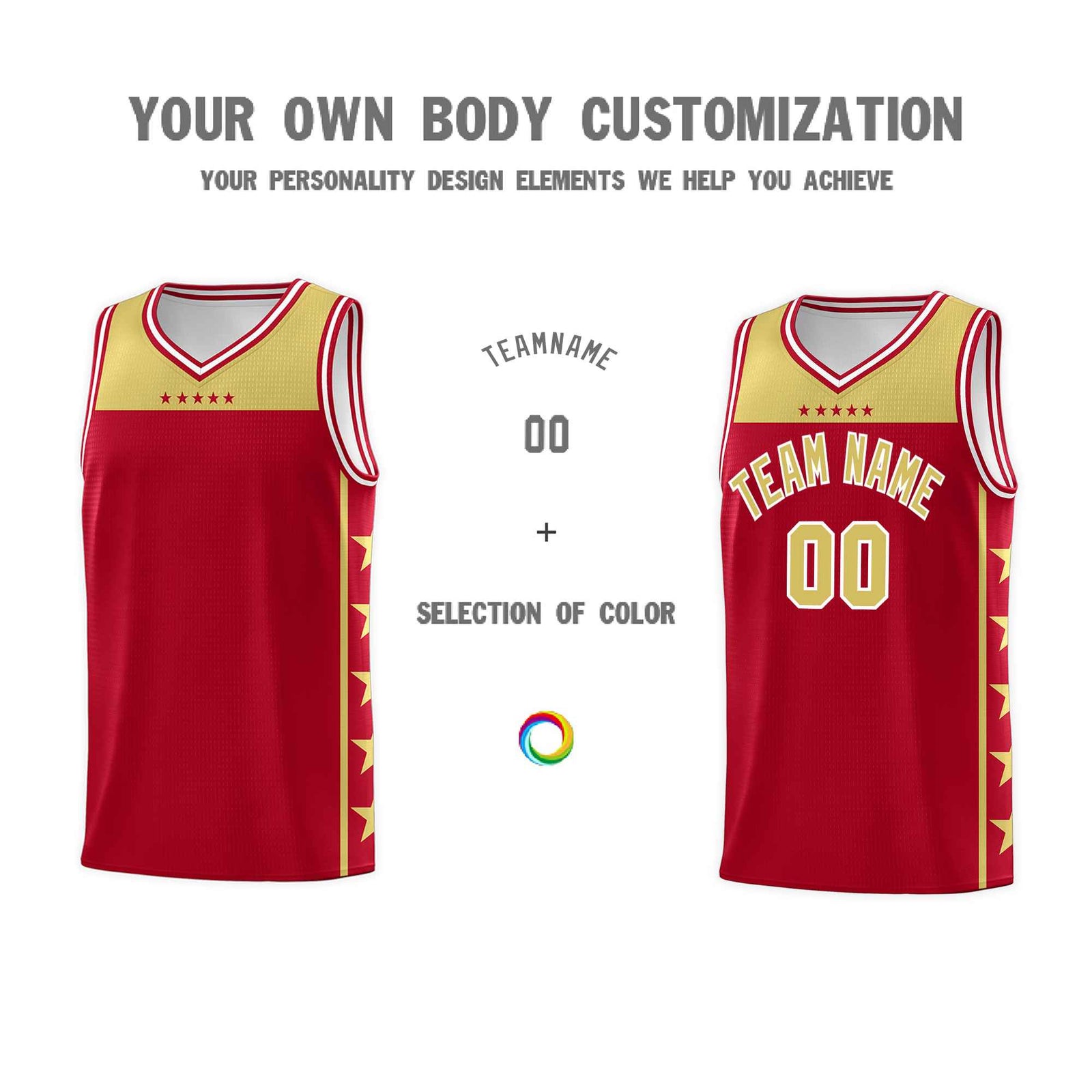 Custom Red Old Gold Color Block Sets Sports Uniform Basketball Jersey