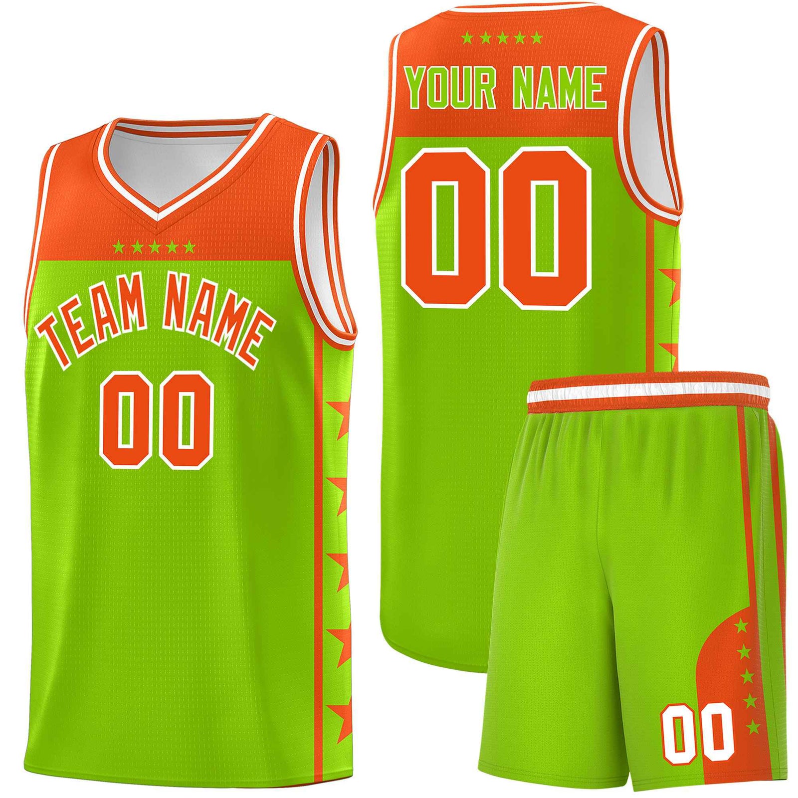 Custom Neon Green Orange Color Block Sets Sports Uniform Basketball Jersey
