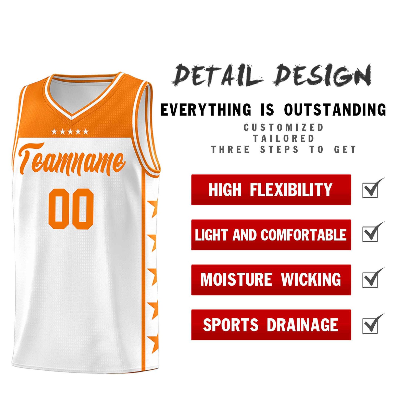 Custom White Orange Color Block Sets Sports Uniform Basketball Jersey