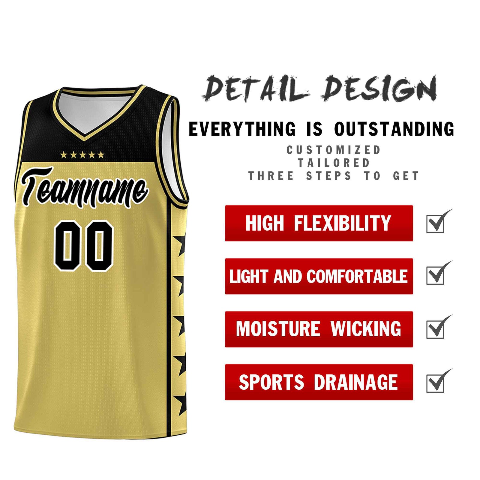 Custom Old Gold Black Color Block Sets Sports Uniform Basketball Jersey