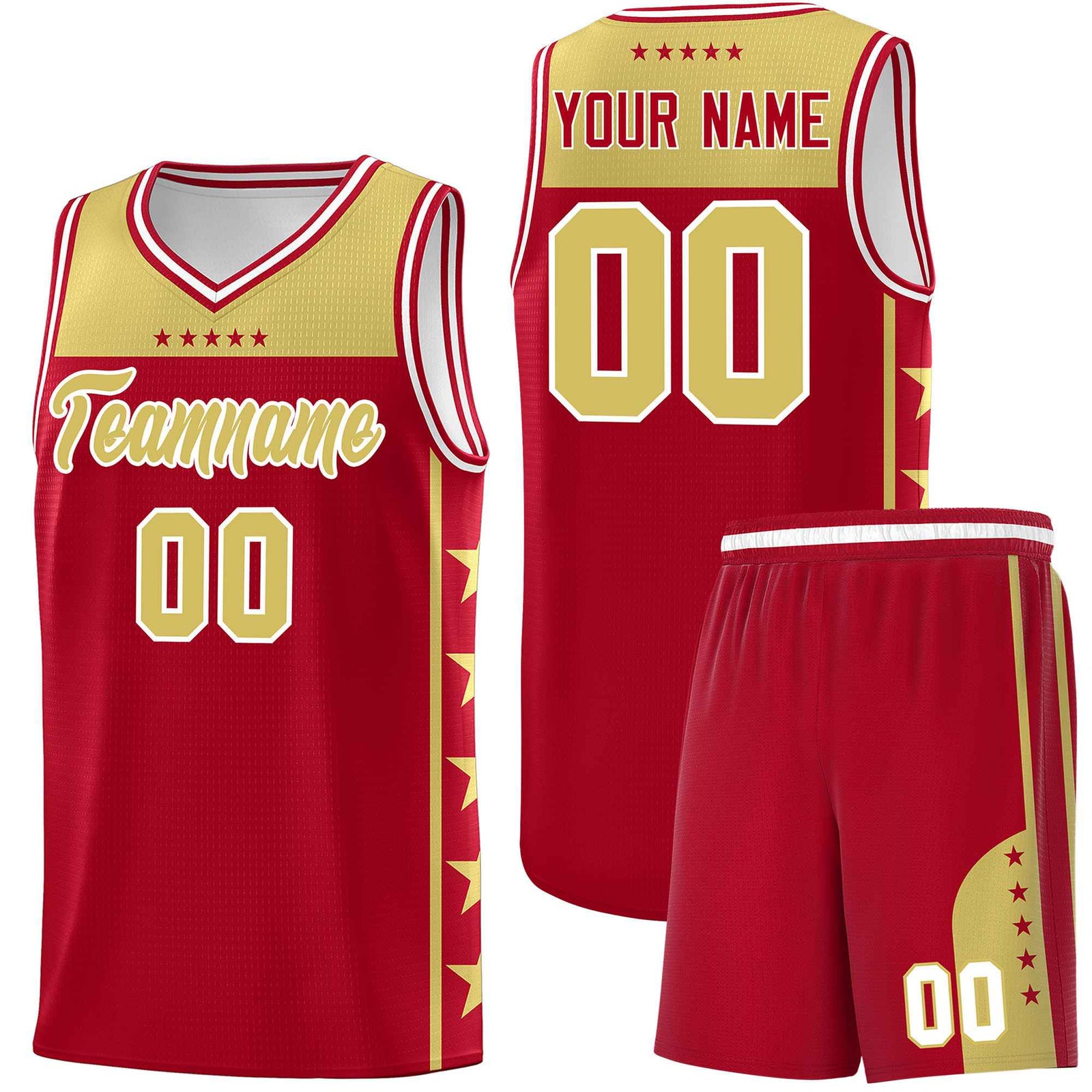 Custom Red Old Gold Color Block Sets Sports Uniform Basketball Jersey
