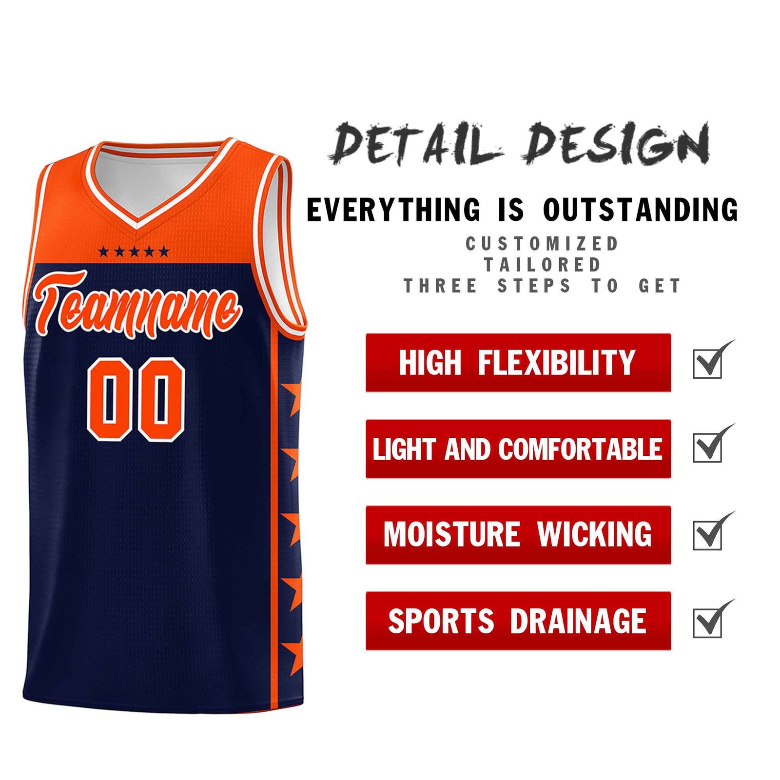 Custom Navy Orange Color Block Sets Sports Uniform Basketball Jersey