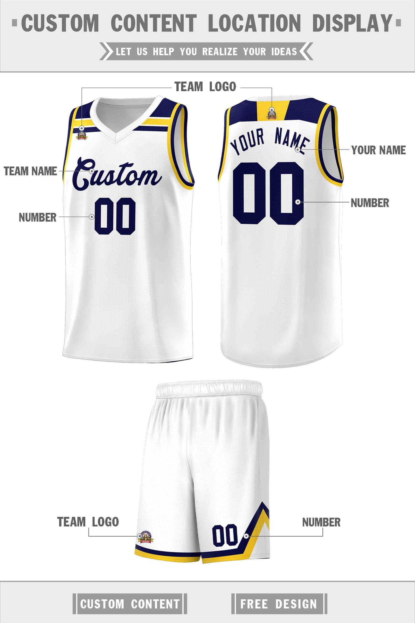 Custom Basketball Uniform White Navy-Gold Classic Sports Uniform Basketball Jersey | KXKSHOP