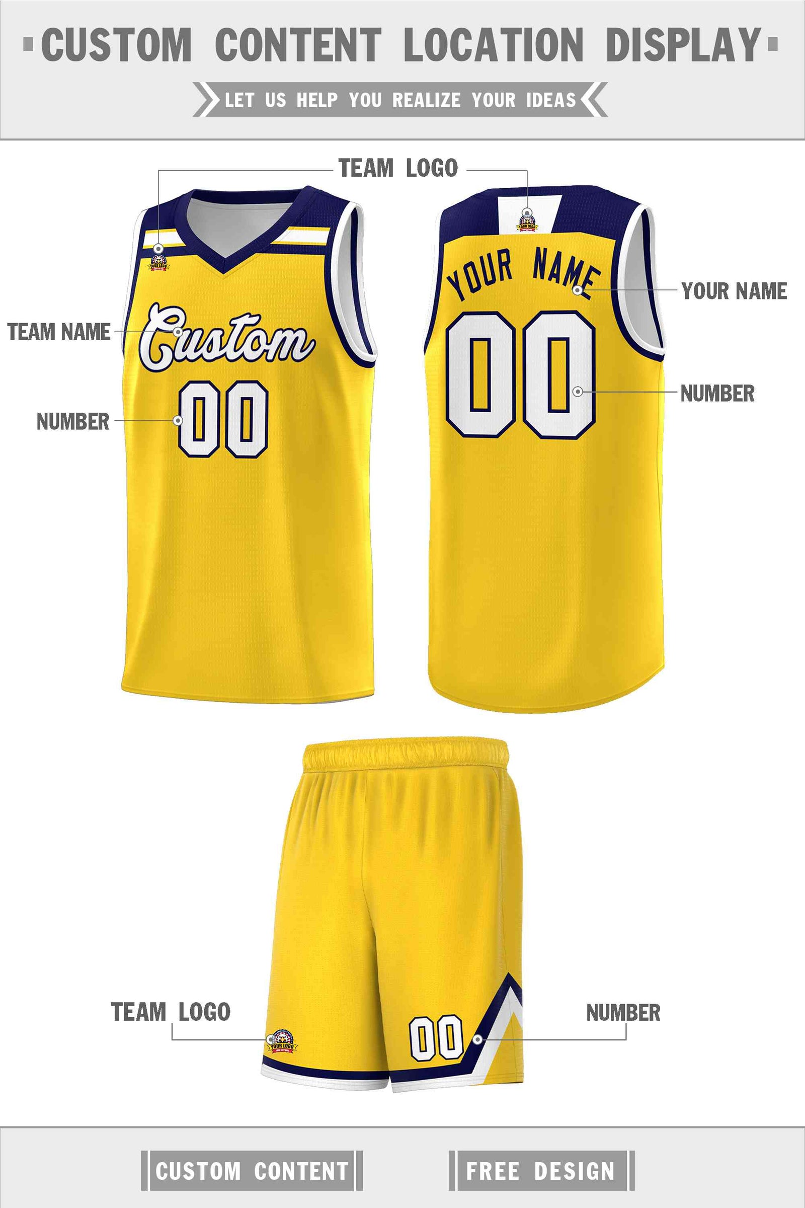 Custom Basketball Uniform Gold White-Navy Classic Sports Uniform Basketball Jersey | KXKSHOP