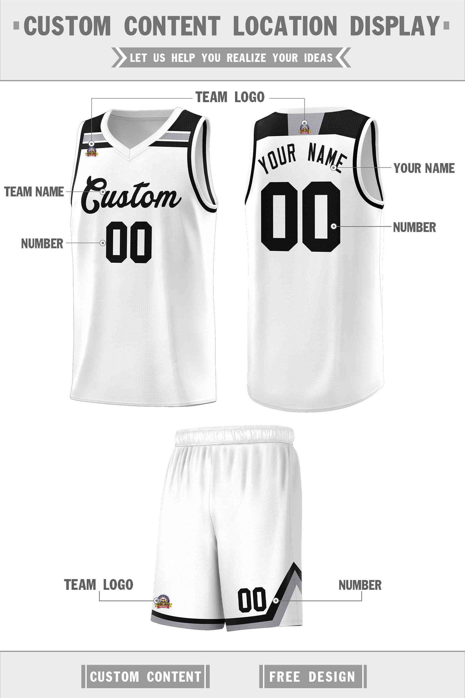 Custom Basketball Uniform White Black-Gray Classic Sports Uniform Basketball Jersey | KXKSHOP