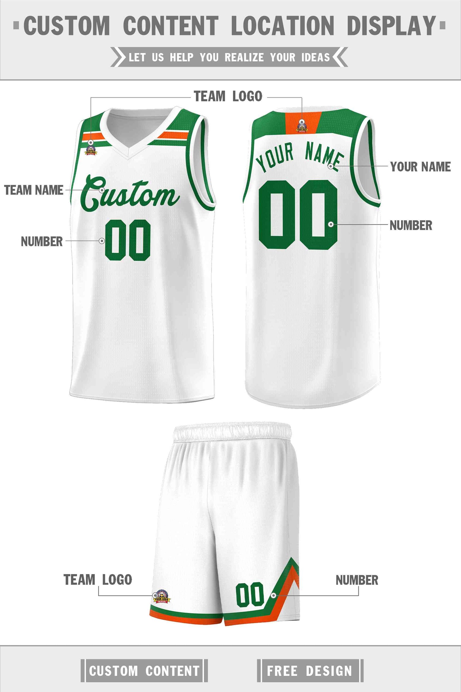 Custom Basketball Uniform White Kelly Green-Orange Classic Sports Uniform Basketball Jersey | KXKSHOP