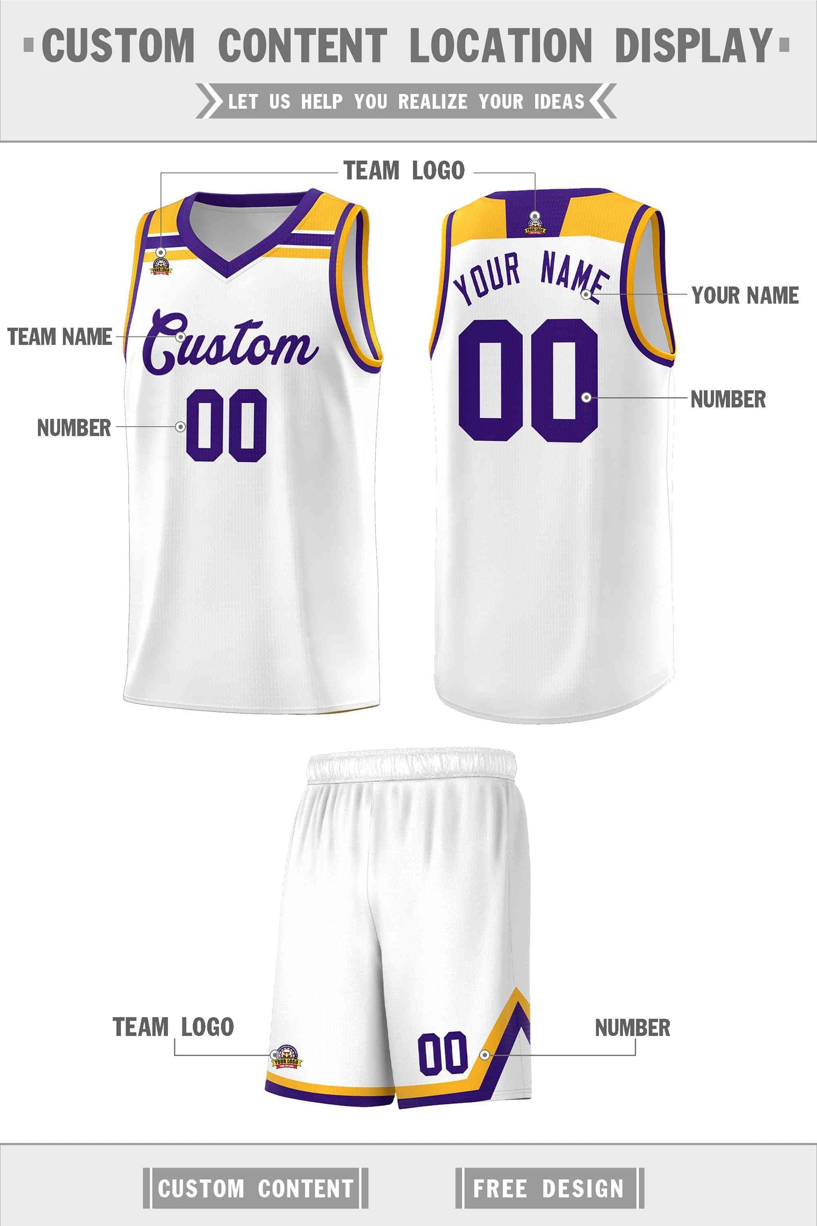 Custom Basketball Uniform White Purple-Gold Classic Sports Uniform Basketball Jersey | KXKSHOP