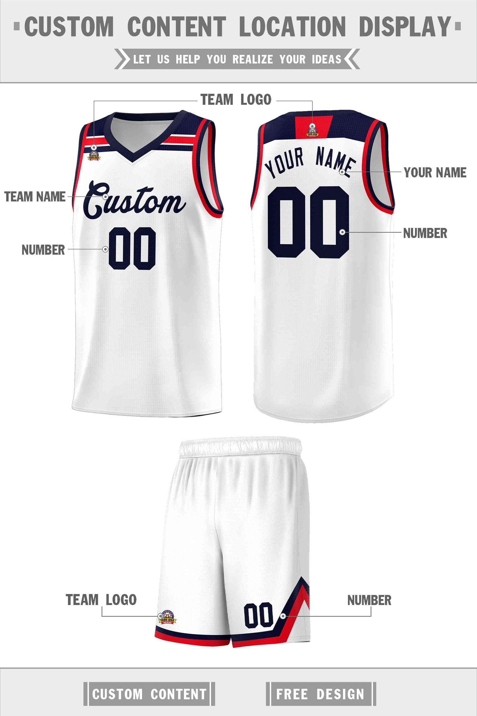 Custom Basketball Uniform White Navy-Red Classic Sports Uniform Basketball Jersey | KXKSHOP