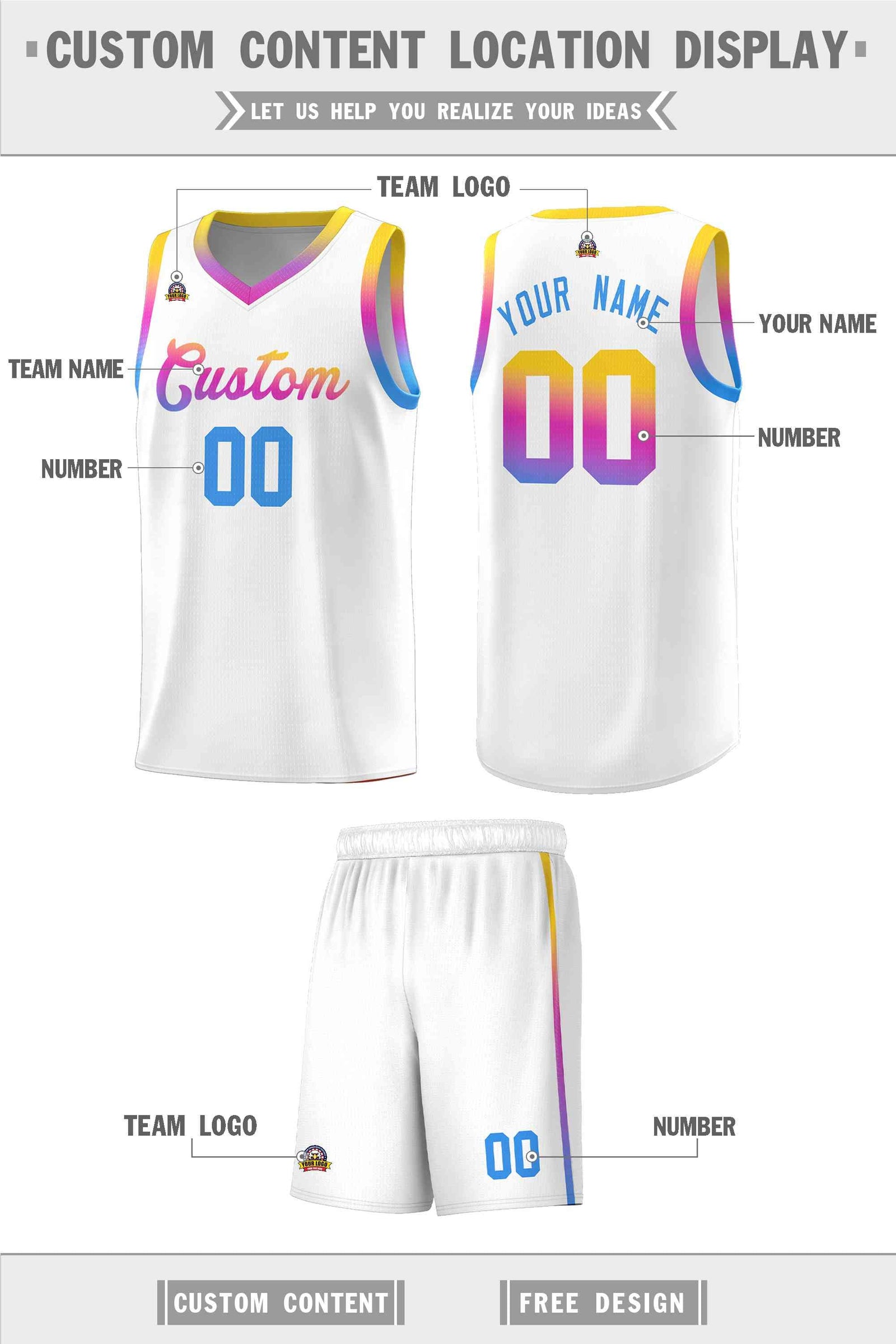 Custom Basketball Uniform White Personalized Gradient Font Sports Uniform Basketball Jersey | KXKSHOP