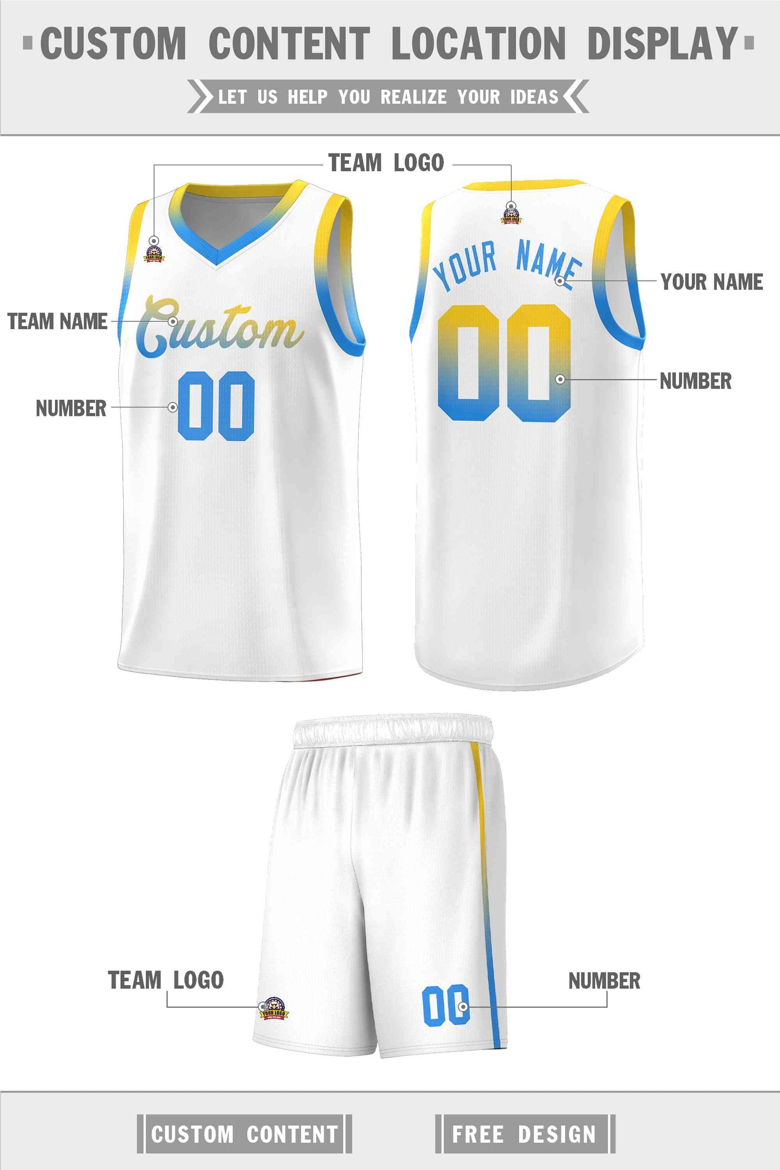 Custom Basketball Uniform White Personalized Gradient Font Sports Uniform Basketball Jersey | KXKSHOP