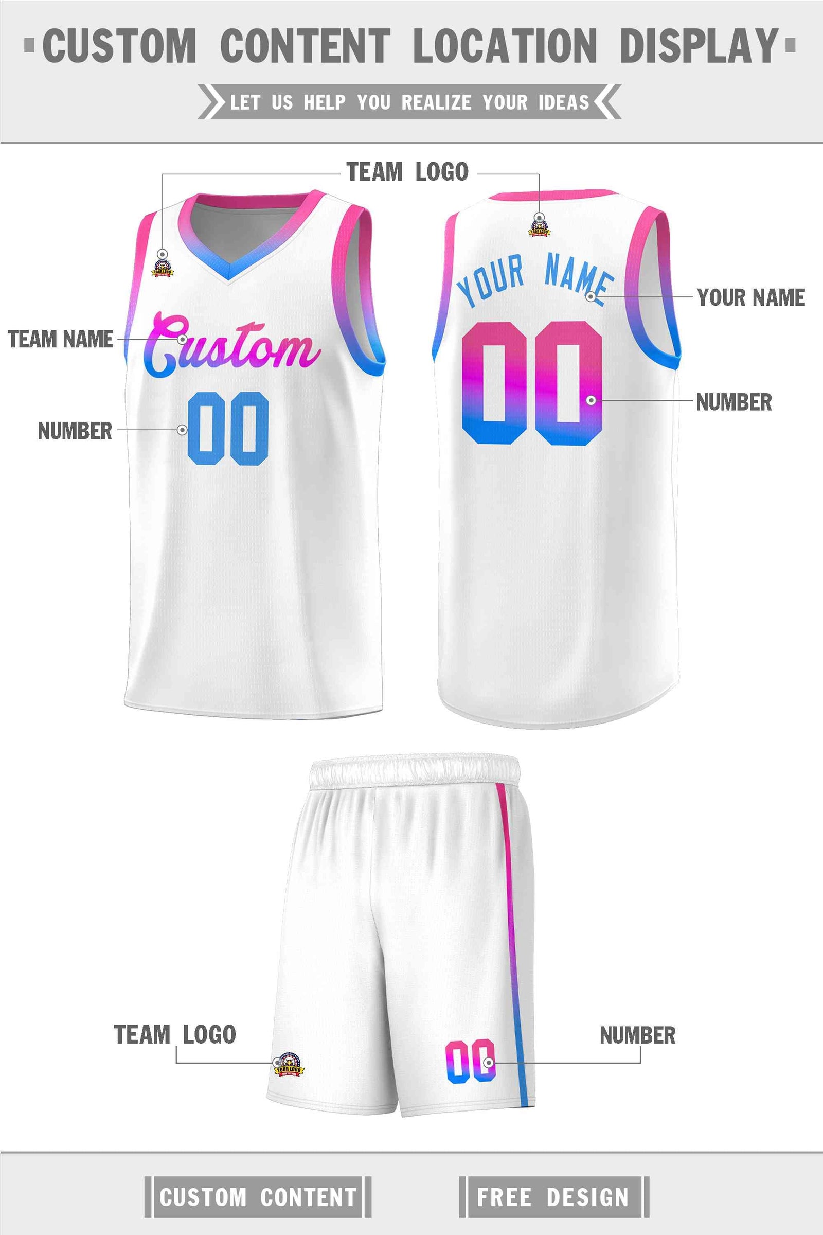 Custom Basketball Uniform White Personalized Gradient Font Sports Uniform Basketball Jersey | KXKSHOP