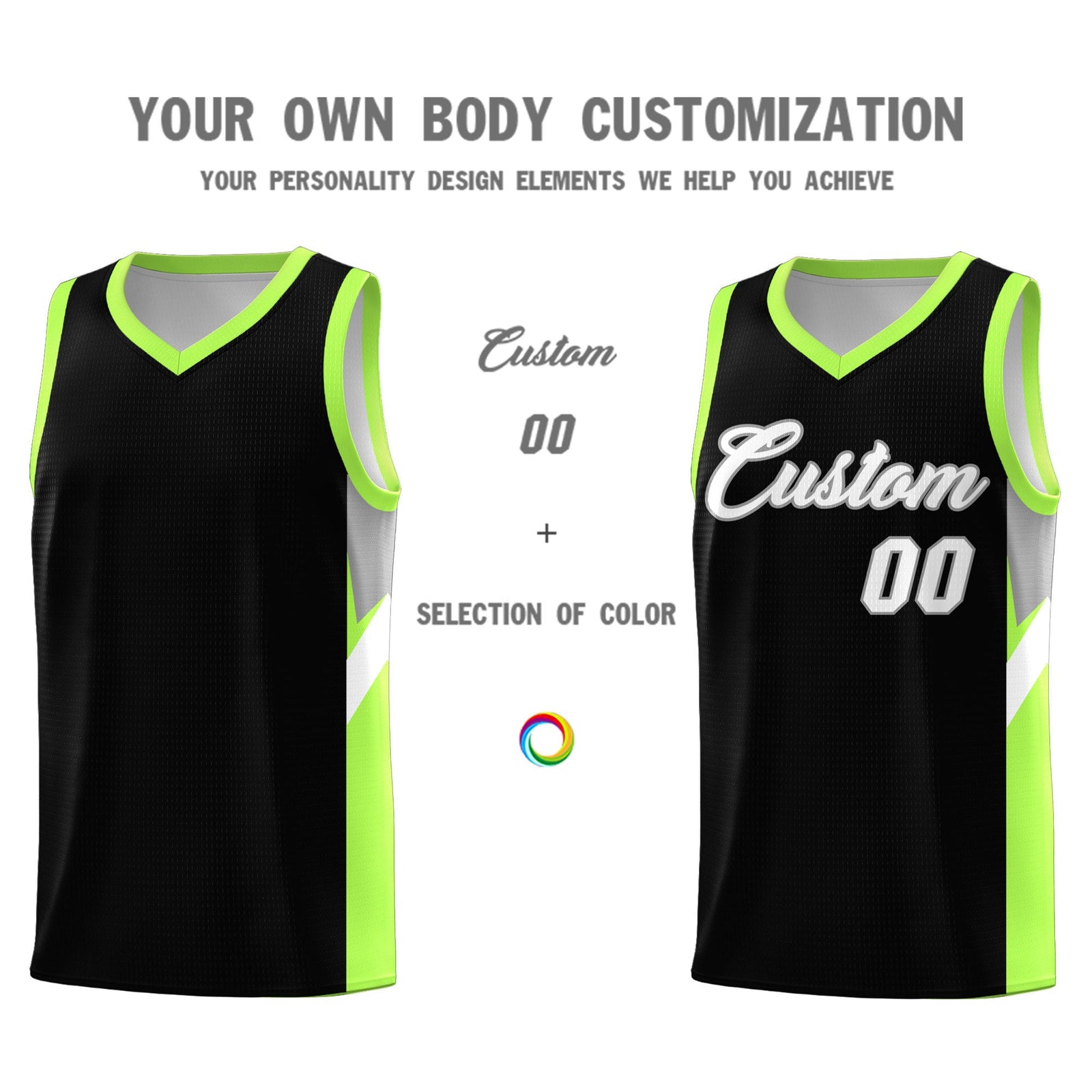Custom Black Fluorescent Green Side Design Sets Sports Uniform Basketball Jersey